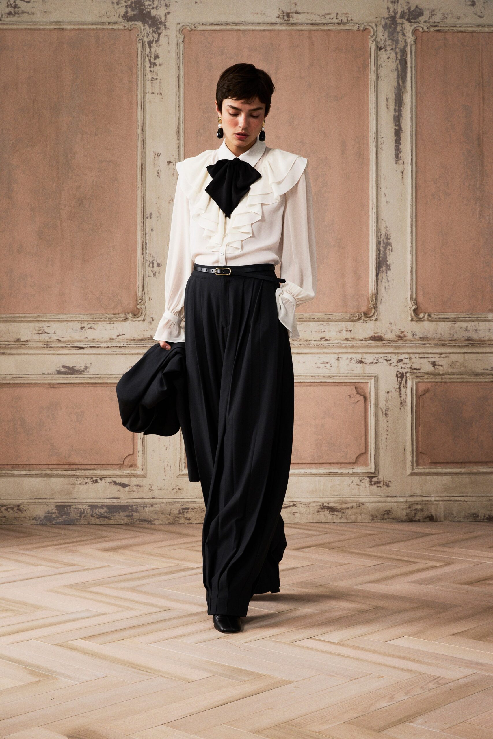 white silk long-sleeve collared fitted ruffled blouse