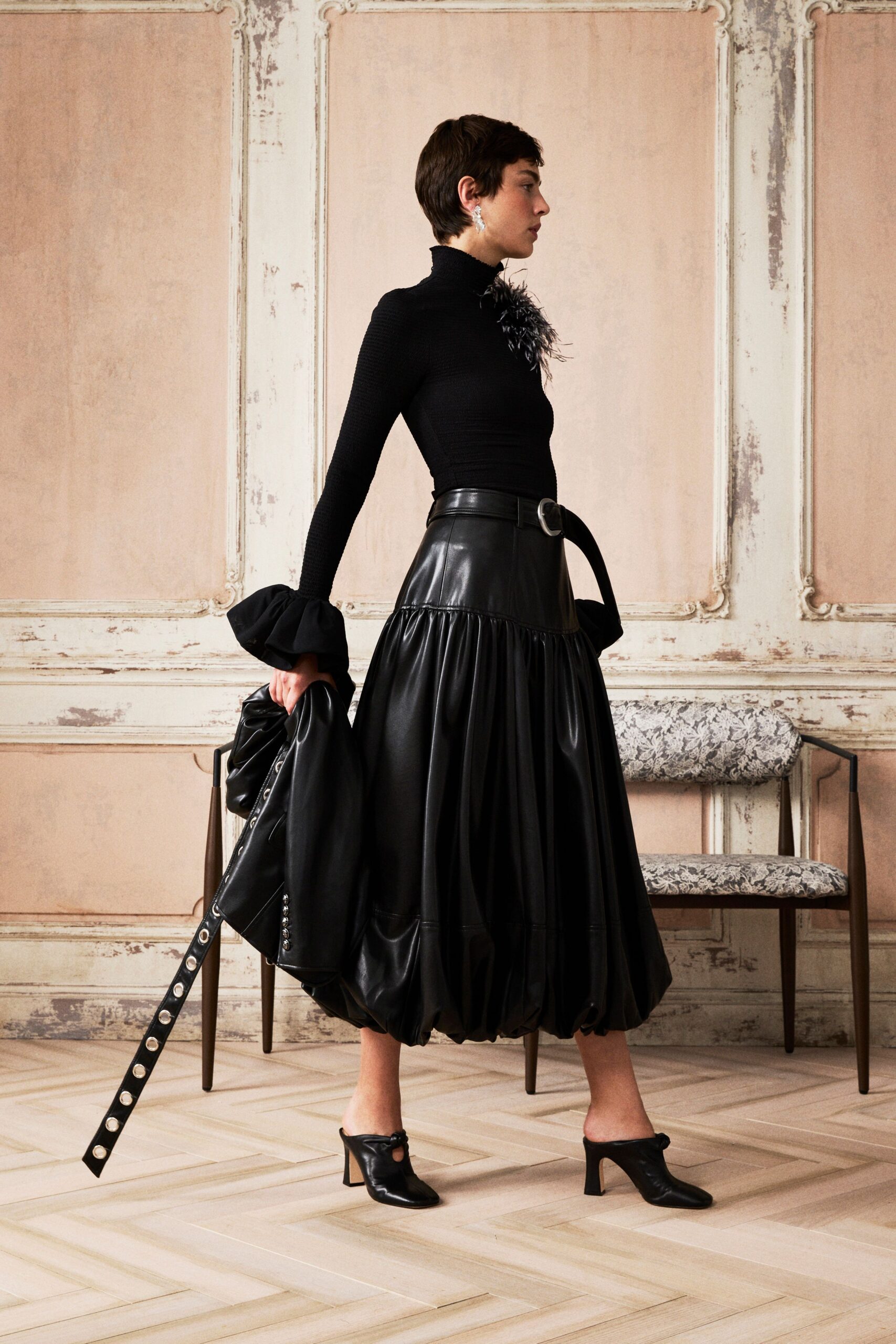 black wool long-sleeve turtleneck fitted ruffled top