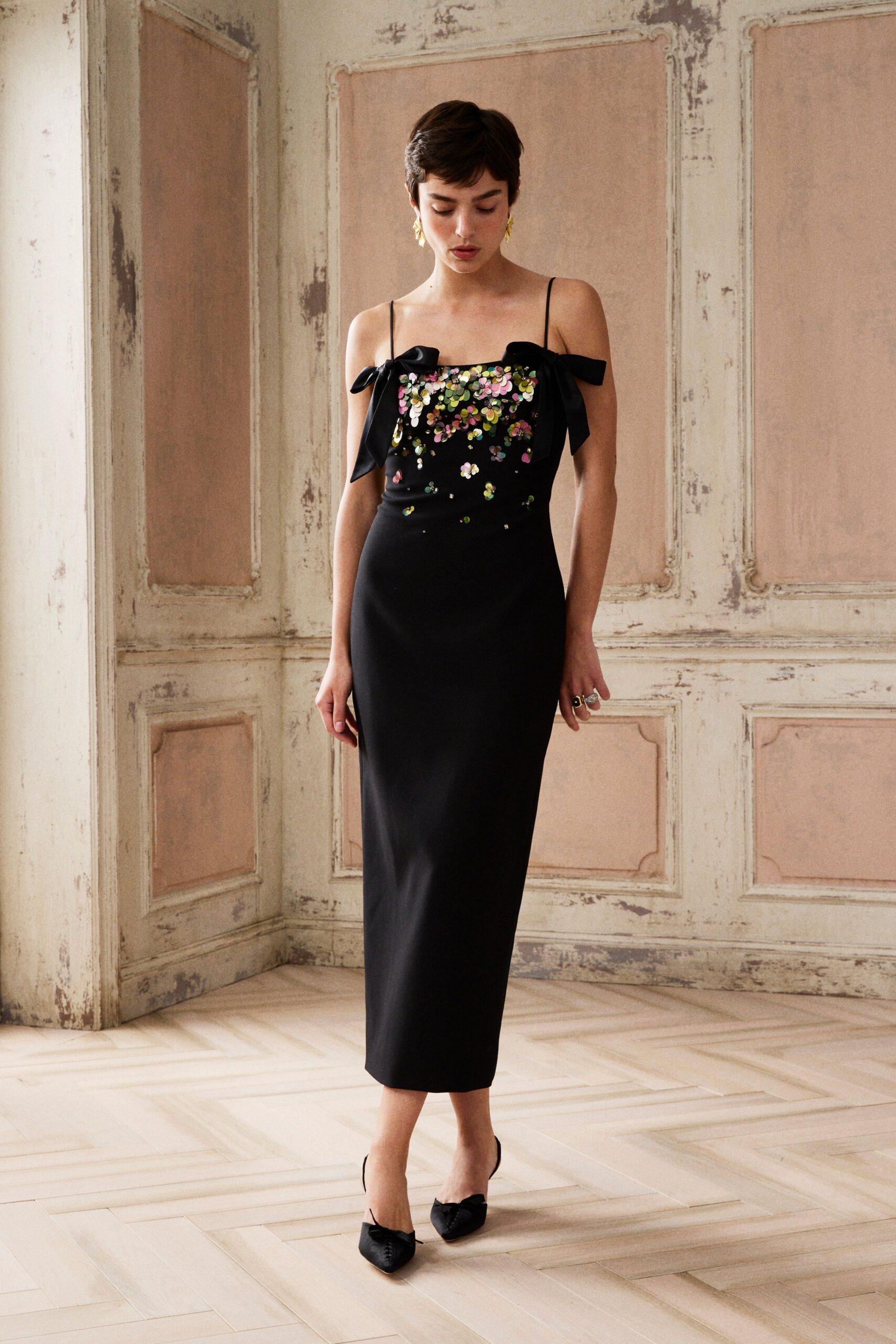 black silk sleeveless off-shoulder fitted embroidered midi dress