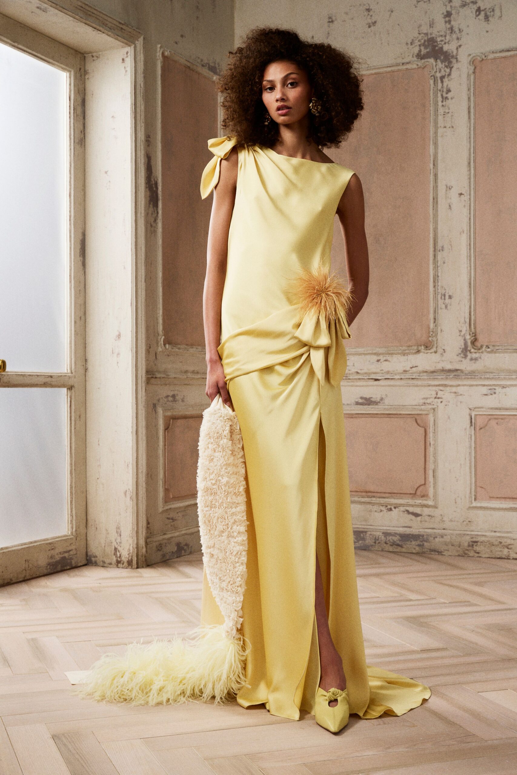 yellow silk sleeveless high-neck fitted draped tiered gown