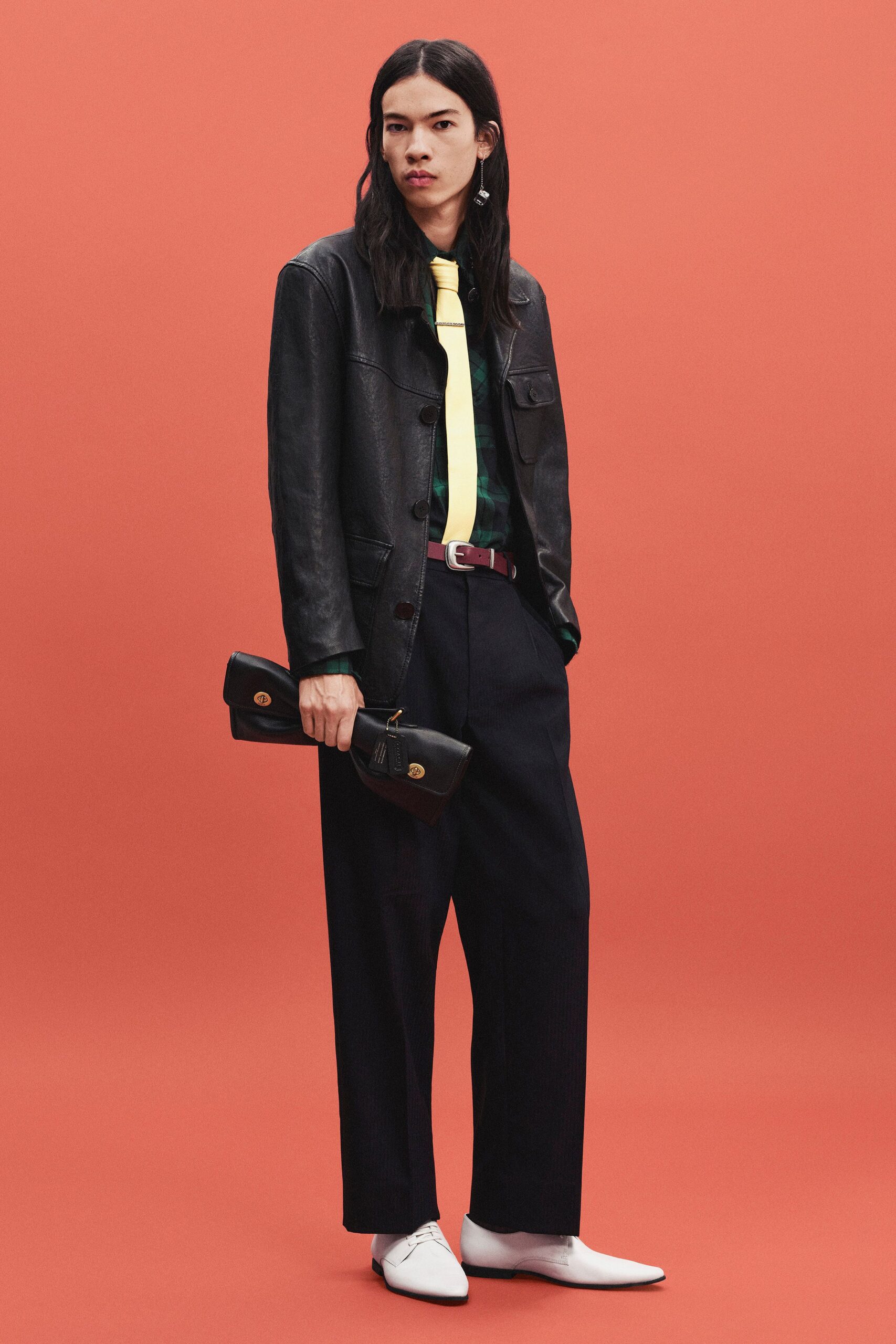 black leather long-sleeve collared relaxed jacket