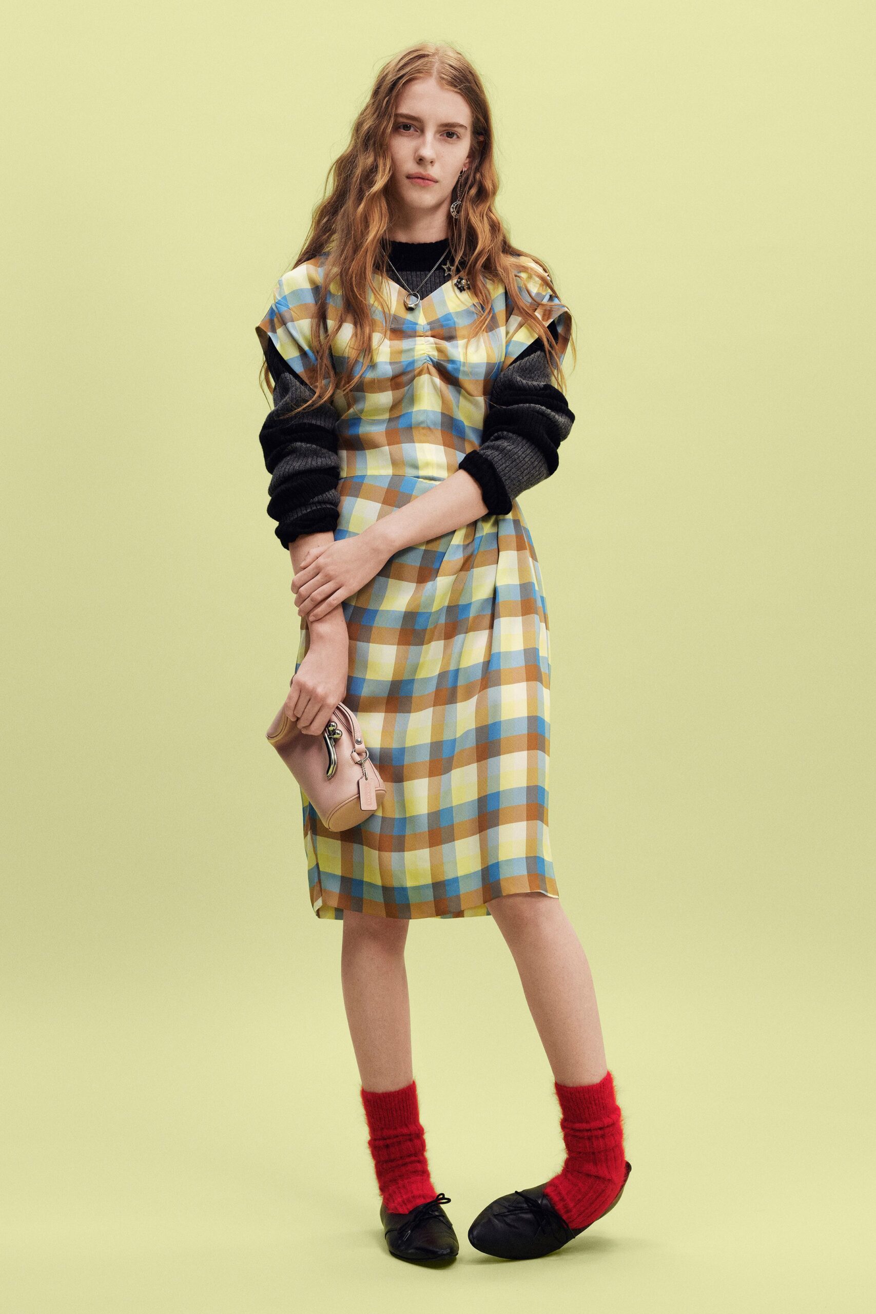blue cotton sleeveless v-neck fitted checked midi dress