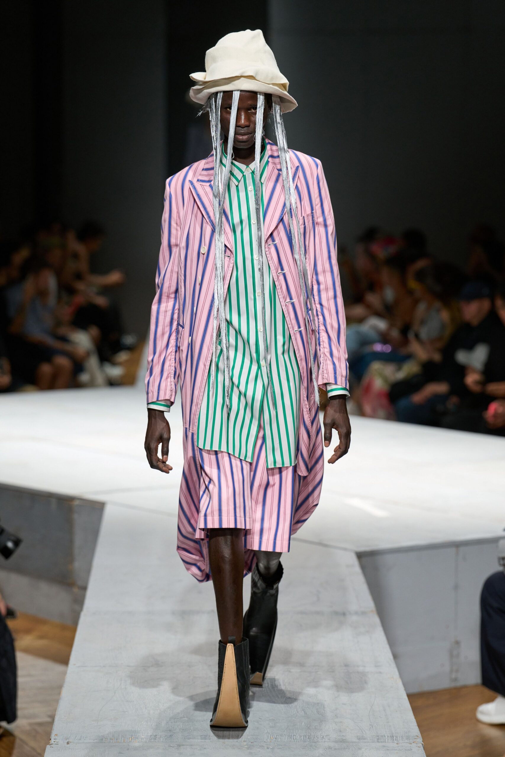 pink striped coat with green dress