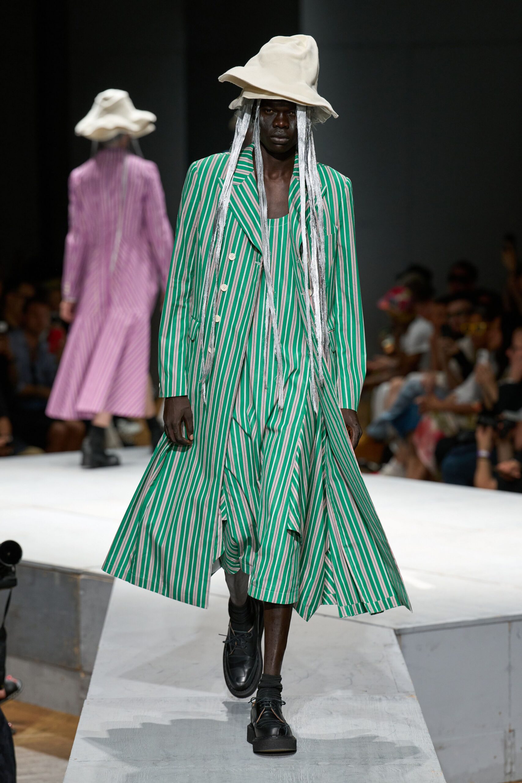 green striped midi dress with hat