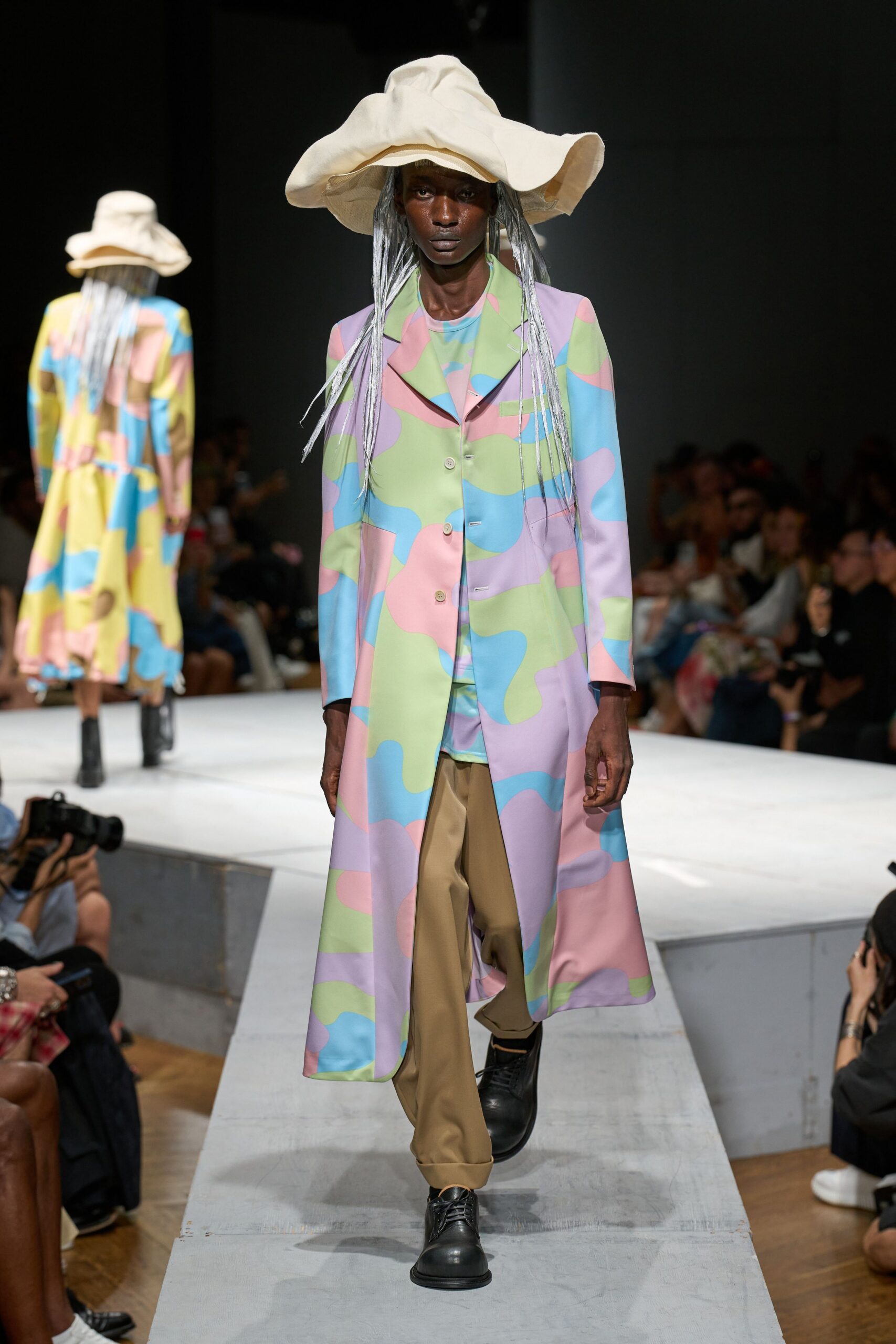 color-blocked midi coat with hat
