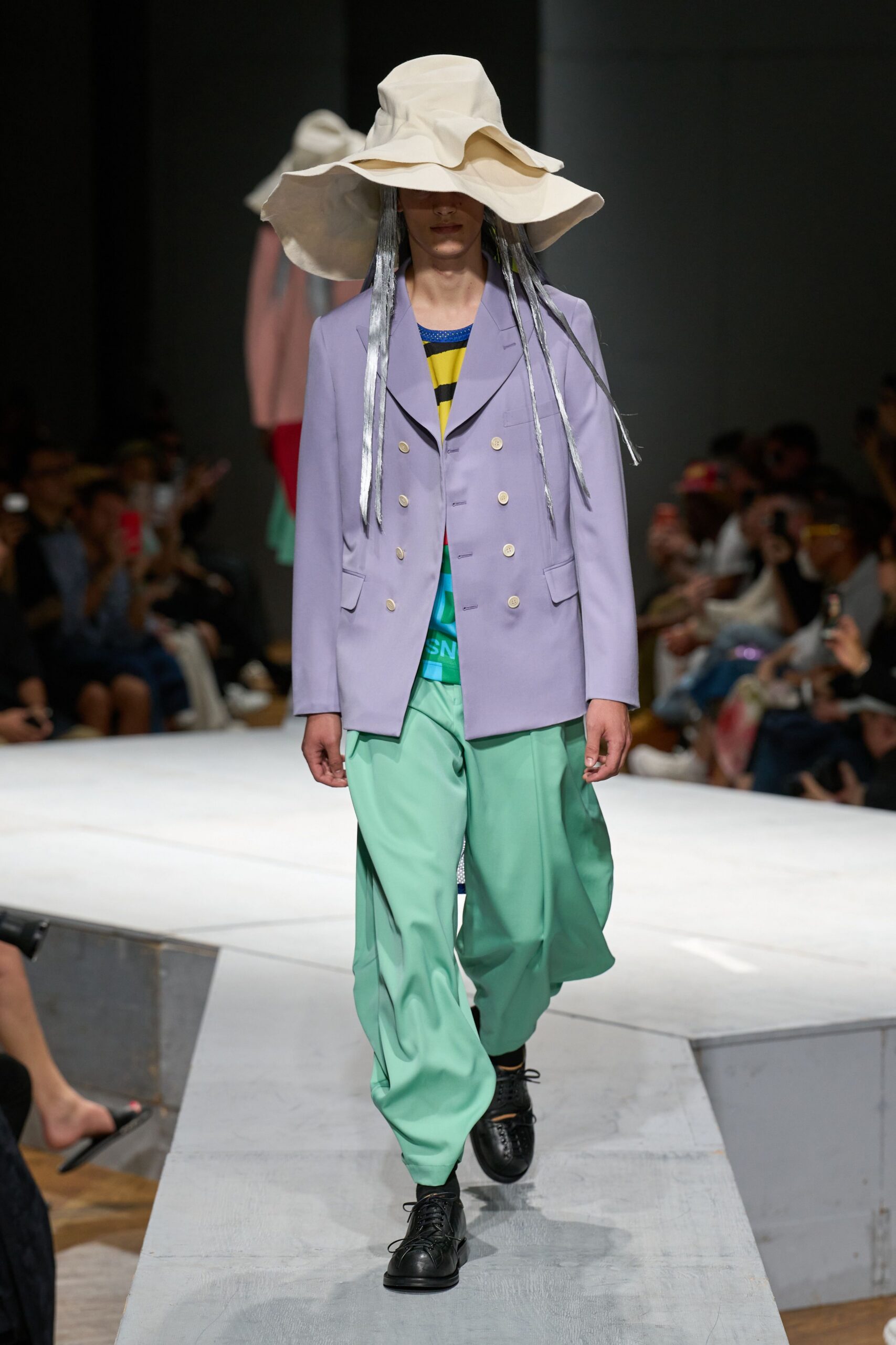purple blazer green t-shirt pants