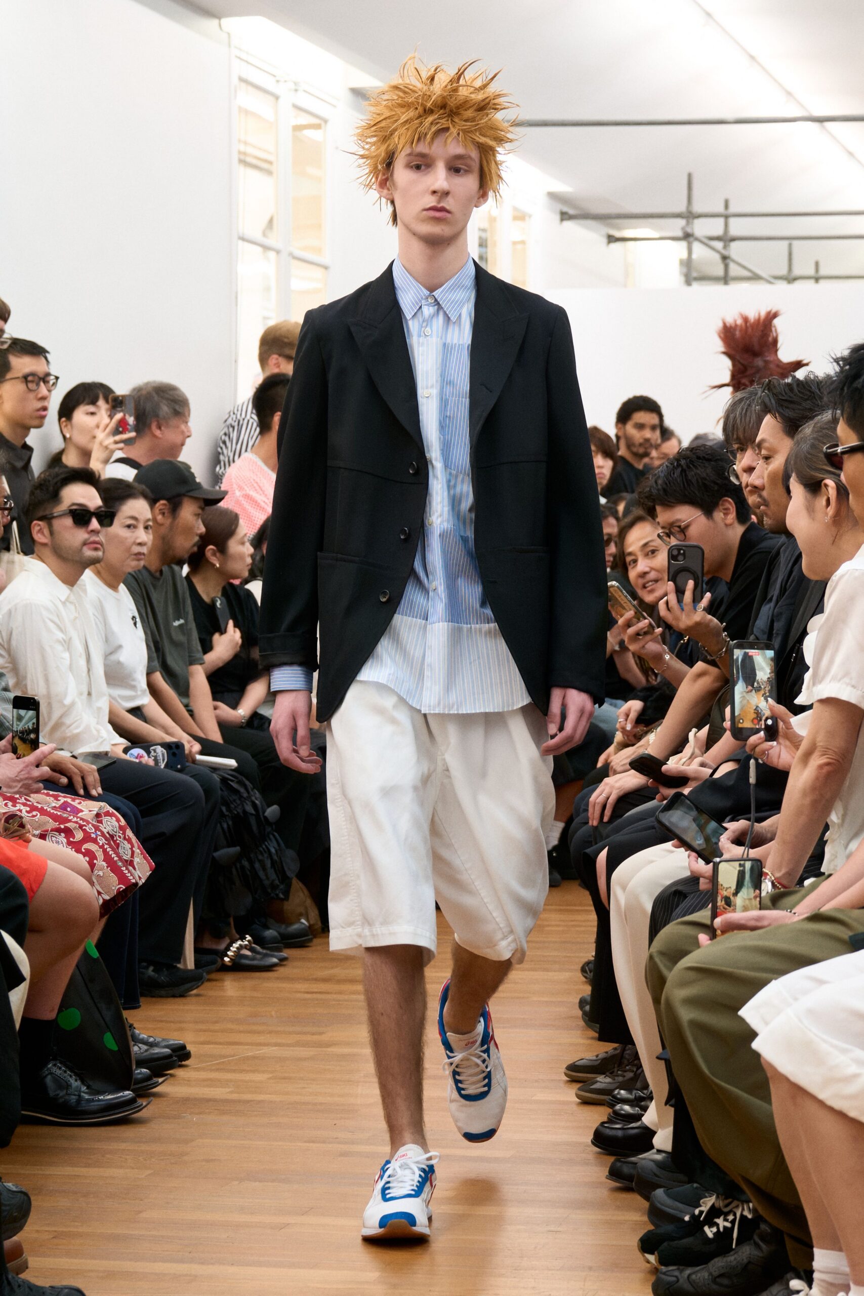 black blazer blue striped shirt white shorts