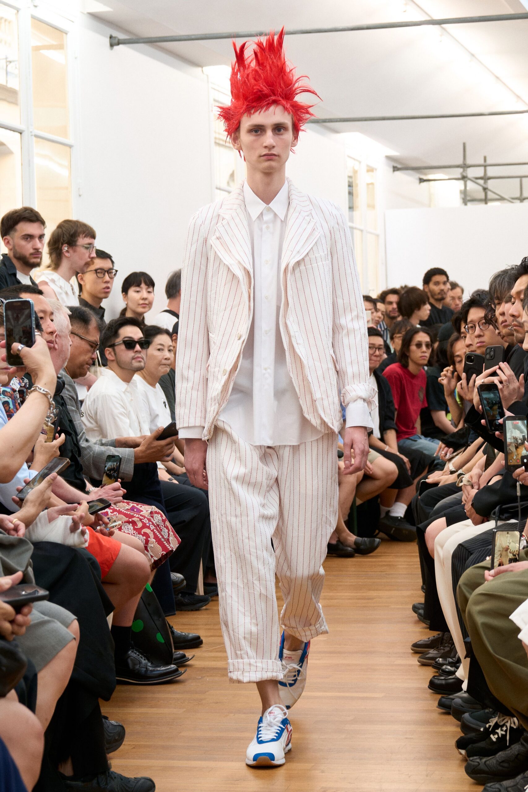 white cotton long-sleeve collared relaxed striped suit