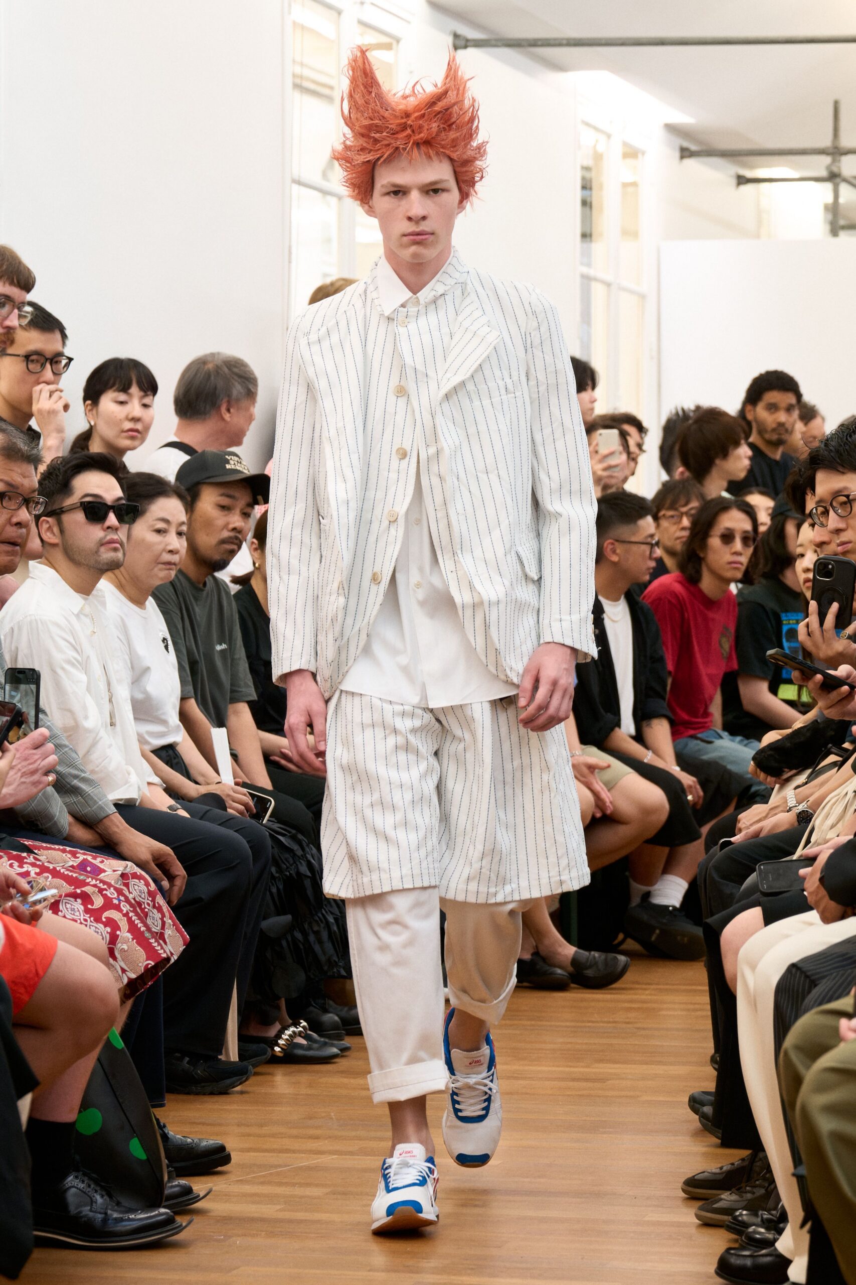white cotton long-sleeve collared relaxed striped buttoned suit