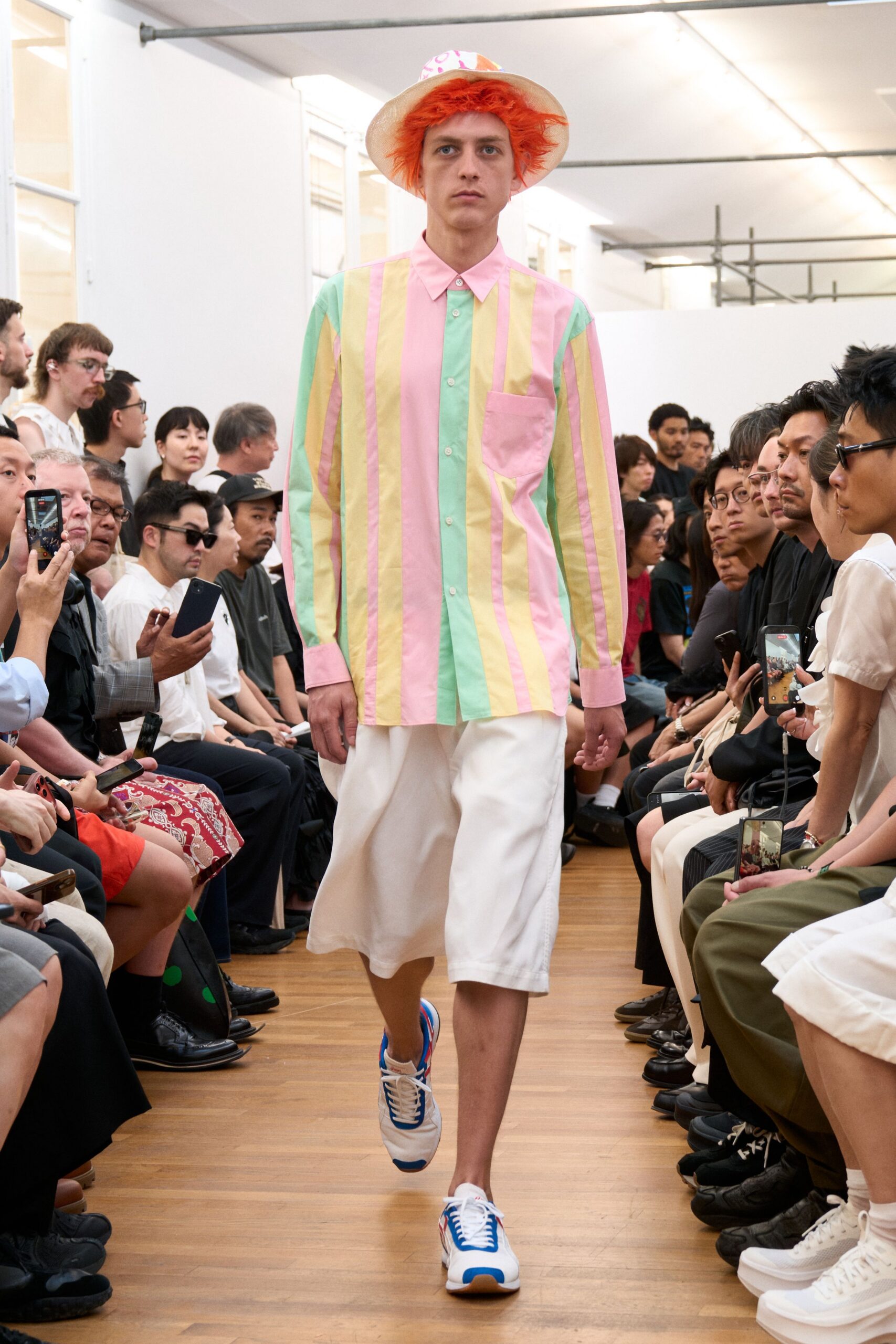 pink long-sleeve collared relaxed striped shirt