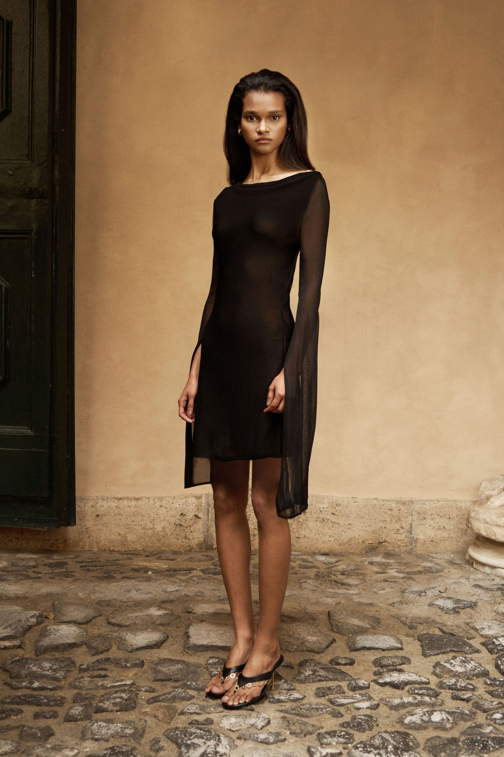 black silk long-sleeve square-neck fitted sheer flowing dress