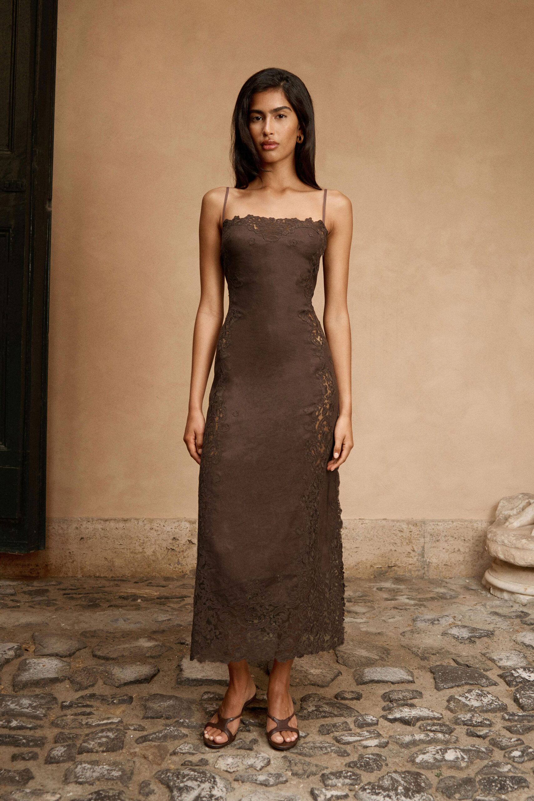 brown lace sleeveless square-neck fitted embroidered midi dress