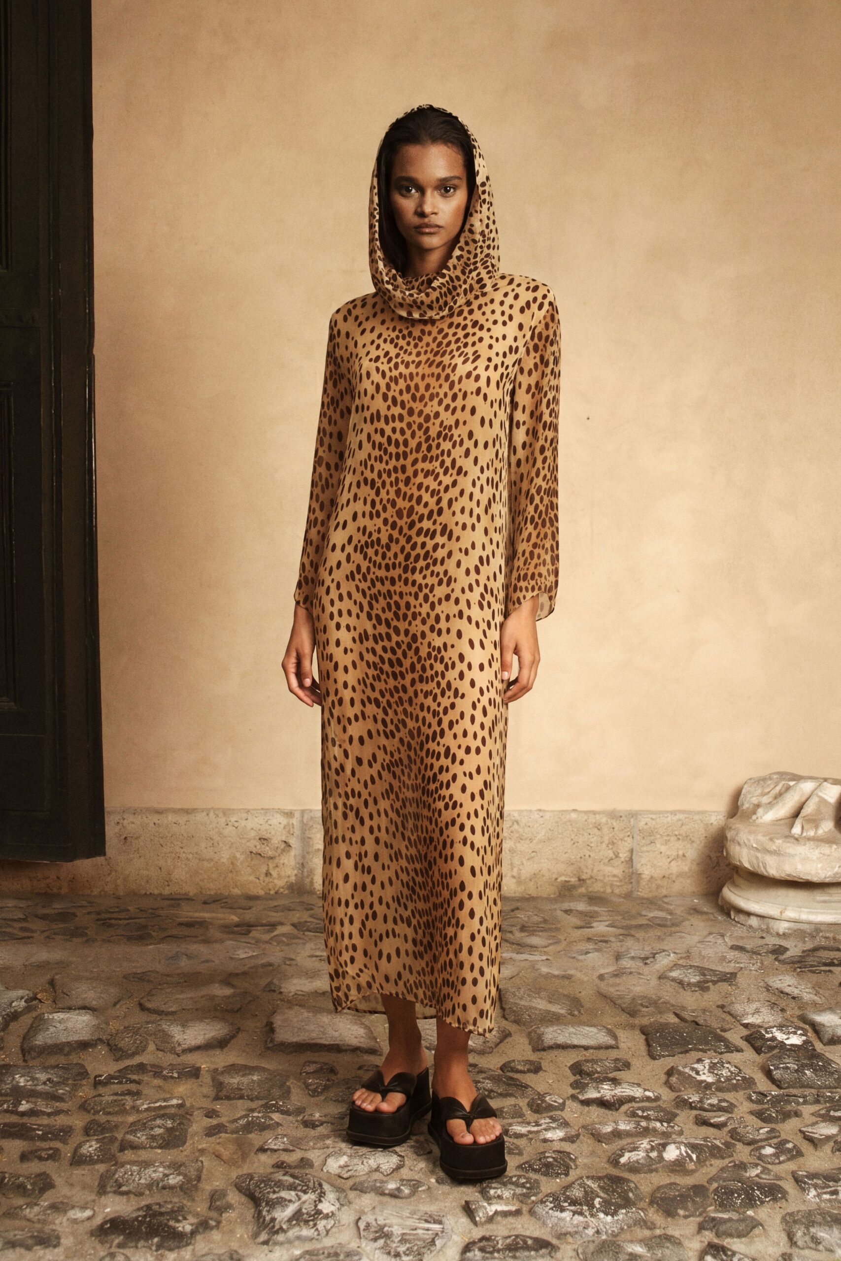 brown silk long-sleeve hooded relaxed animal-print sheer dress