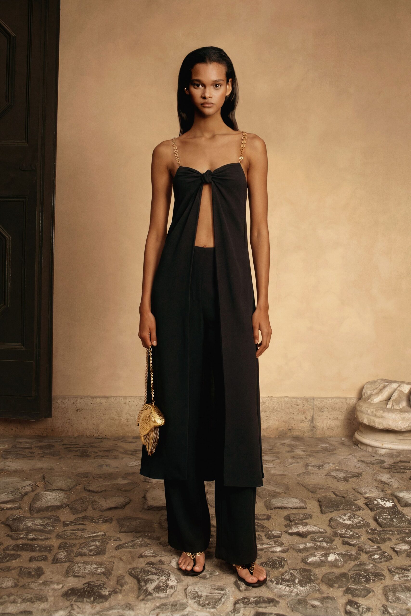 black silk sleeveless v-neck fitted draped maxi dress