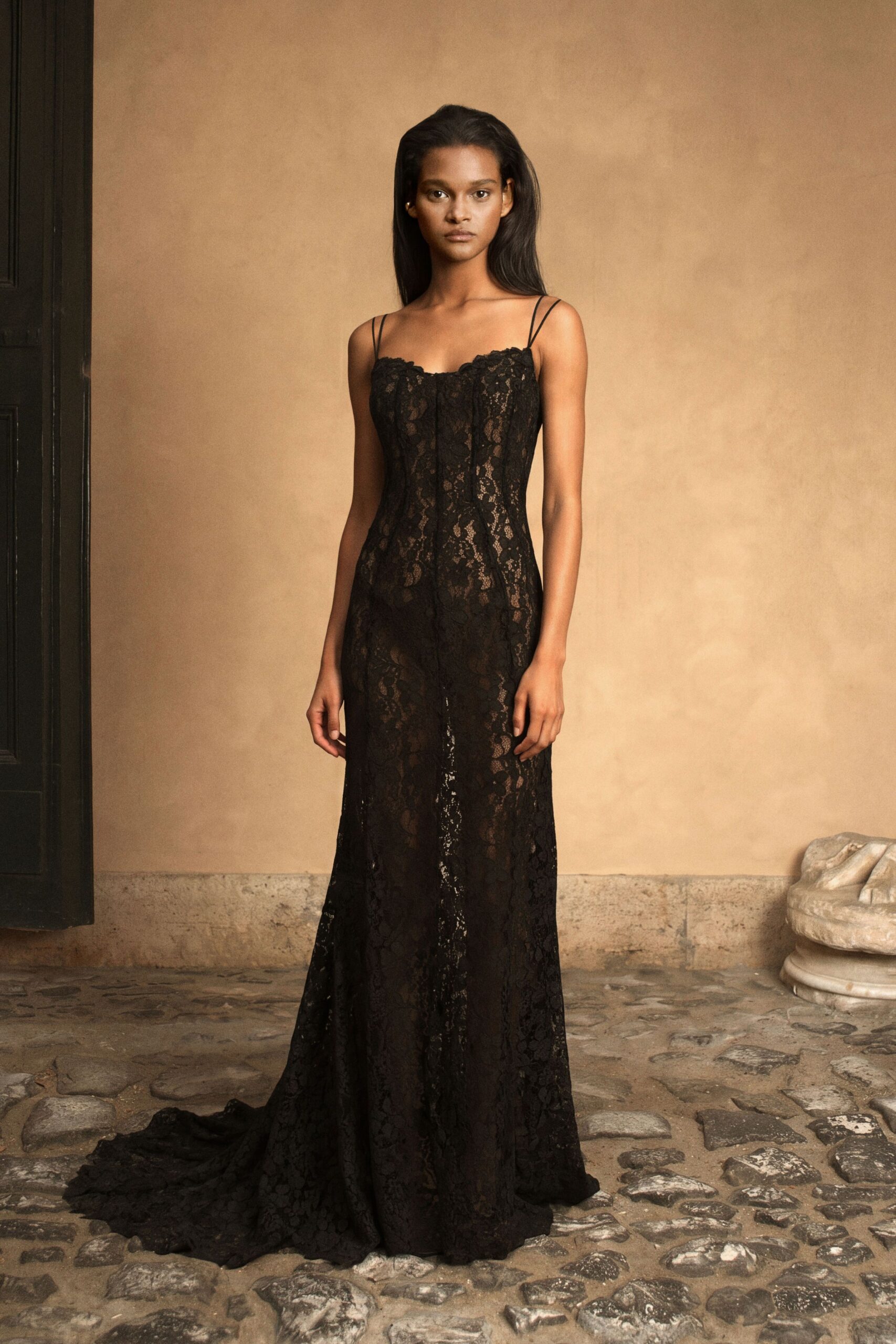 black lace fitted gown