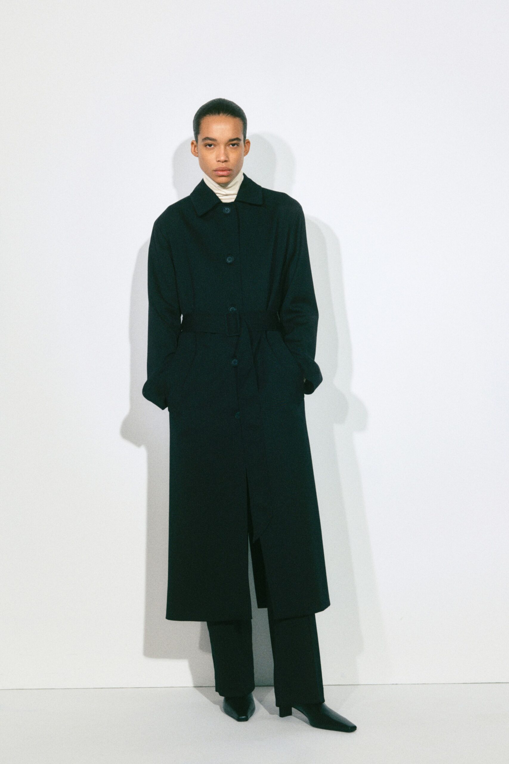black wool long-sleeve collared relaxed belted maxi coat