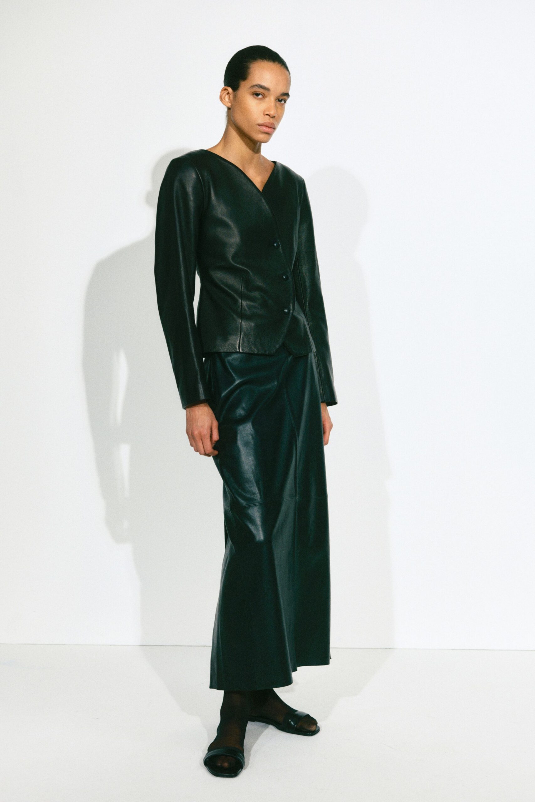 green leather fitted straight-leg maxi skirt
