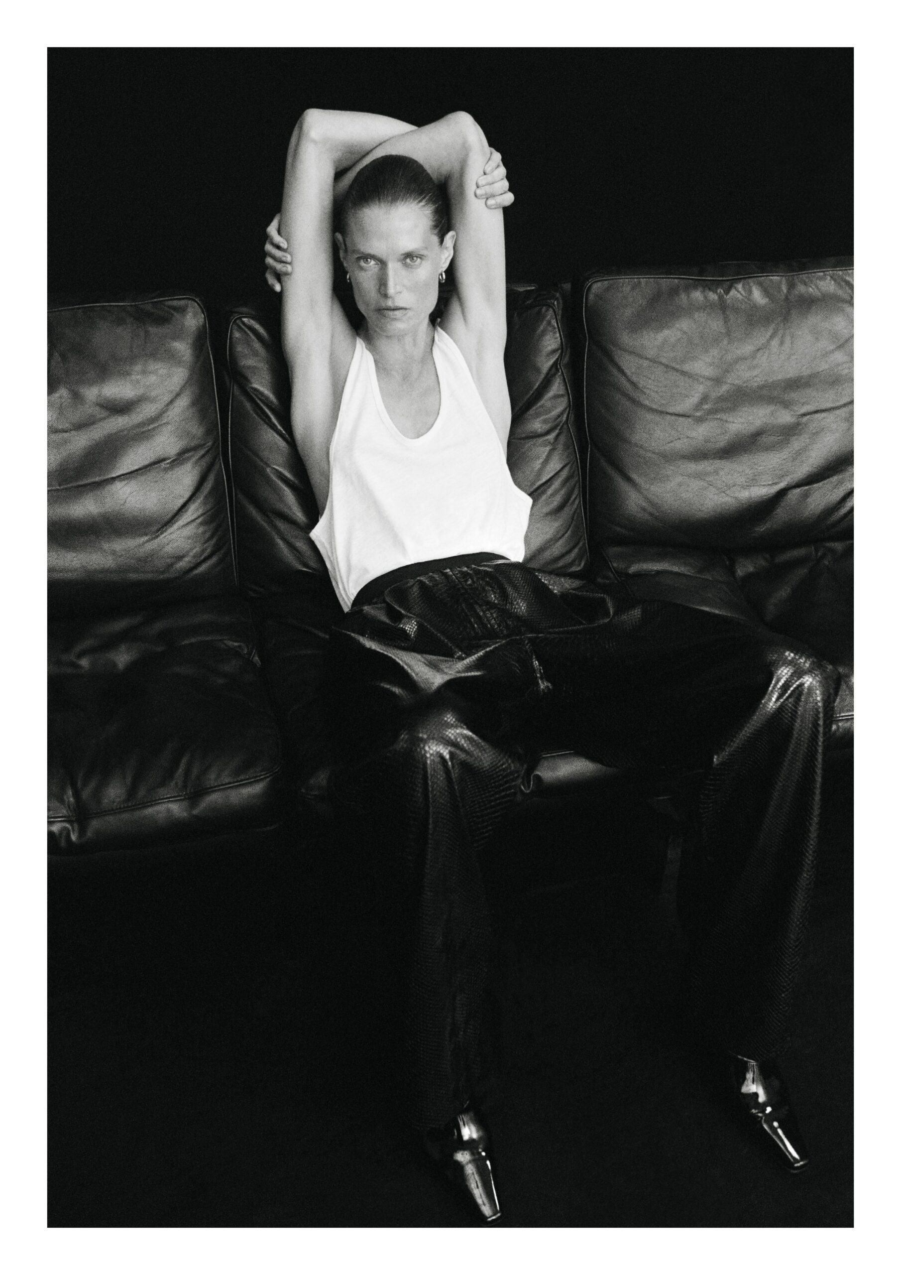 black leather relaxed pleated shiny pants