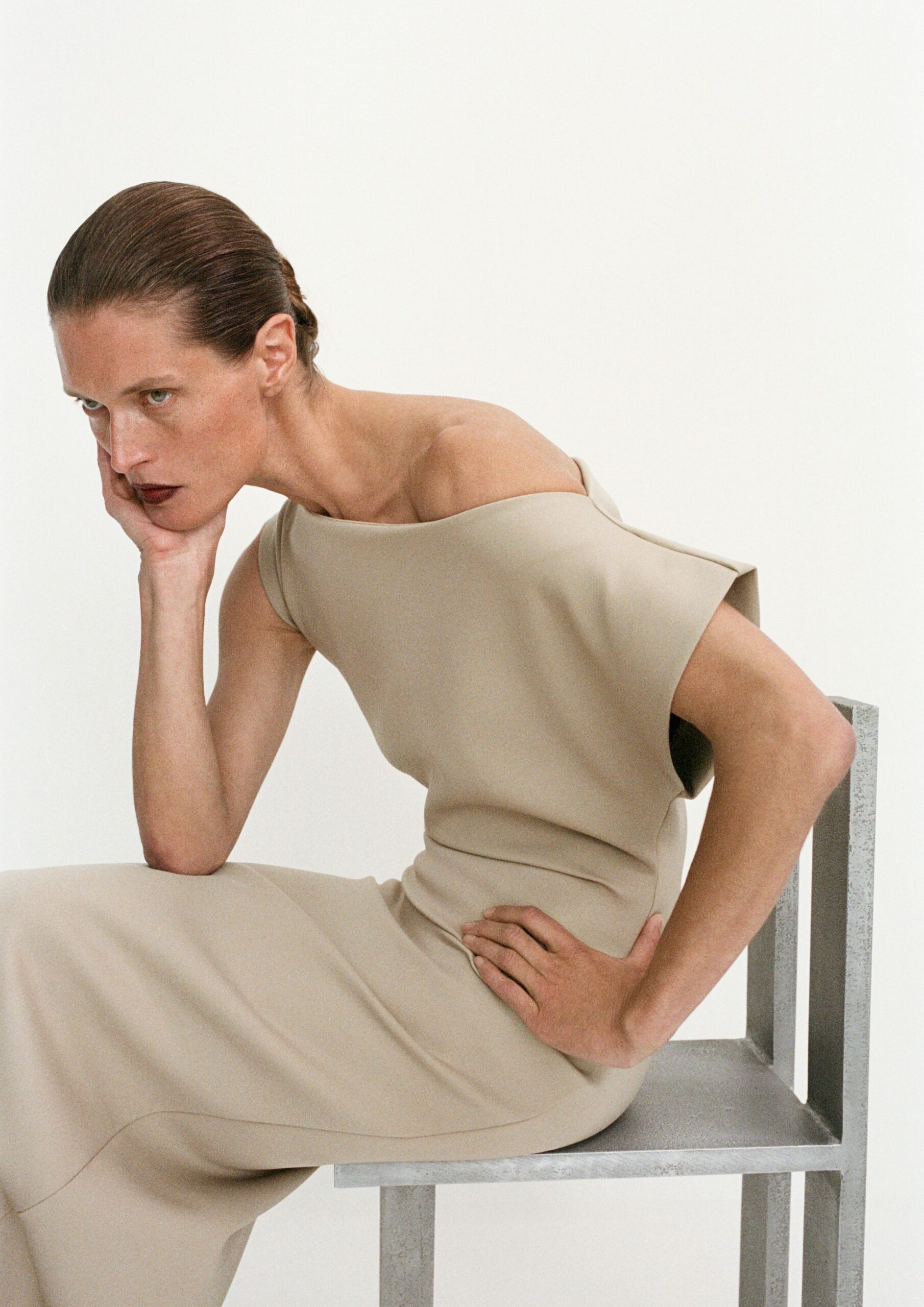 beige fitted off-shoulder gown