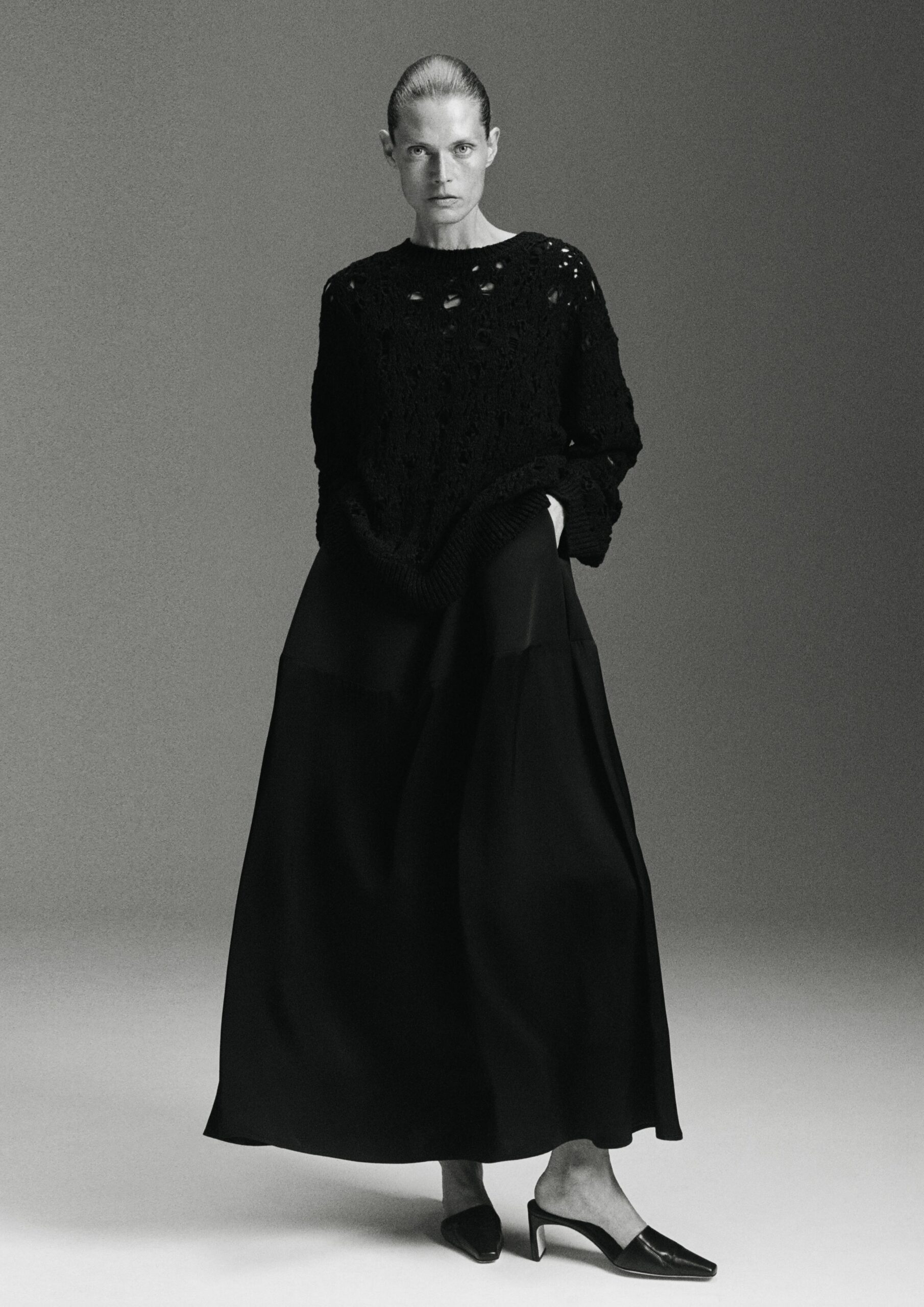 black silk fitted high-waisted a-line maxi skirt