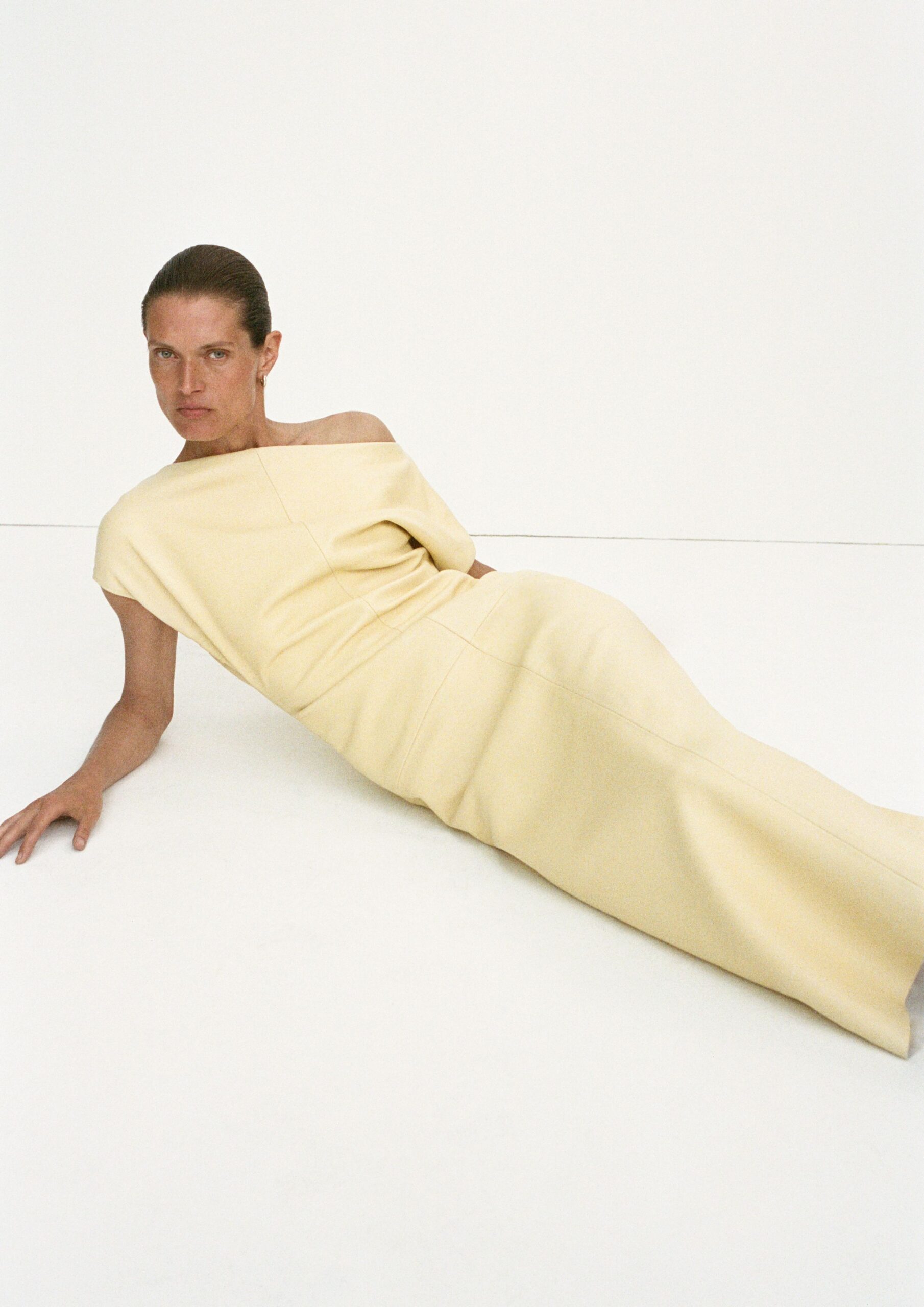 yellow fitted off-shoulder gown