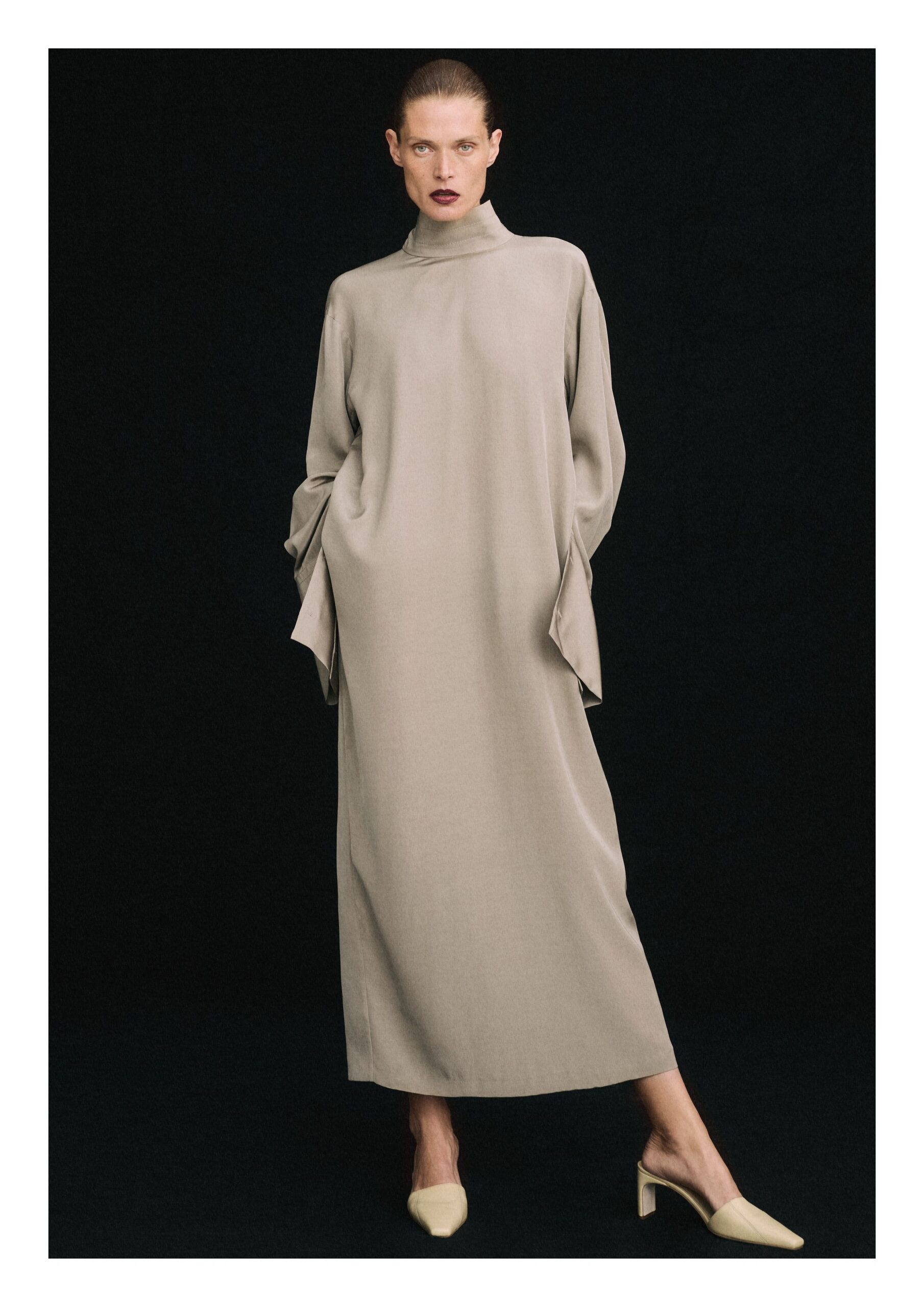 beige silk long-sleeve high-neck relaxed straight-leg maxi dress