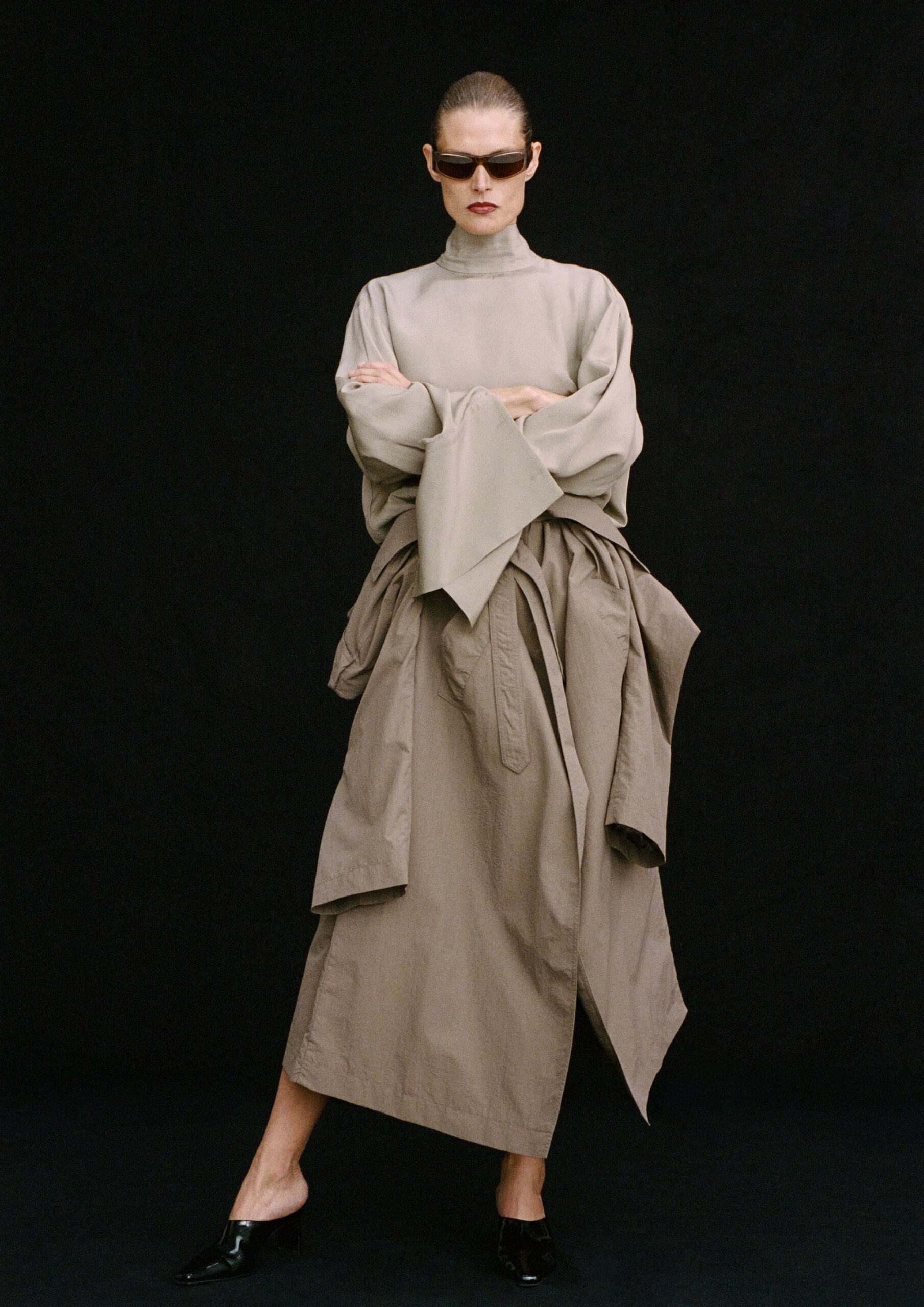 beige cotton long-sleeve high-neck relaxed draped top
