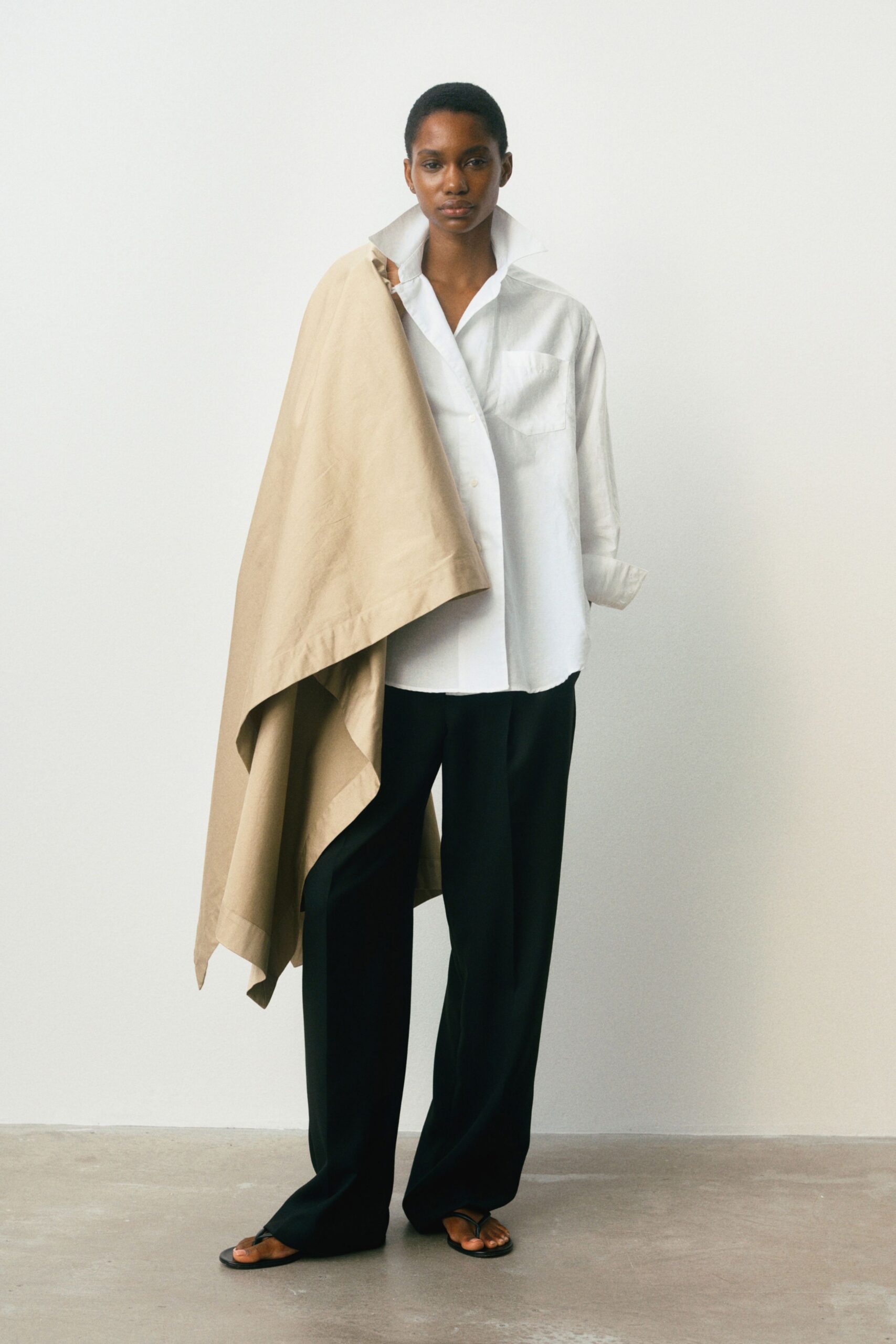 white cotton long-sleeve collared relaxed shirt