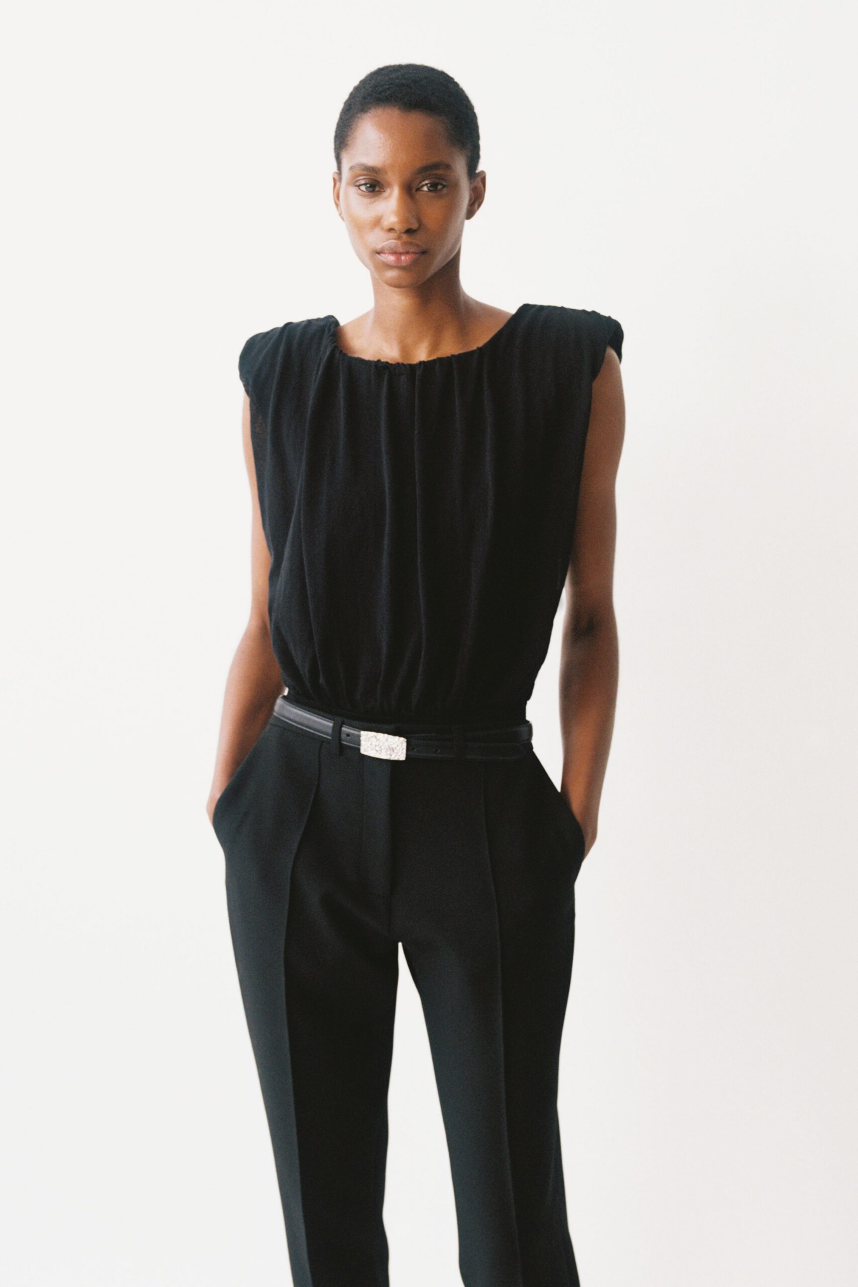black wool tailored straight-leg pants