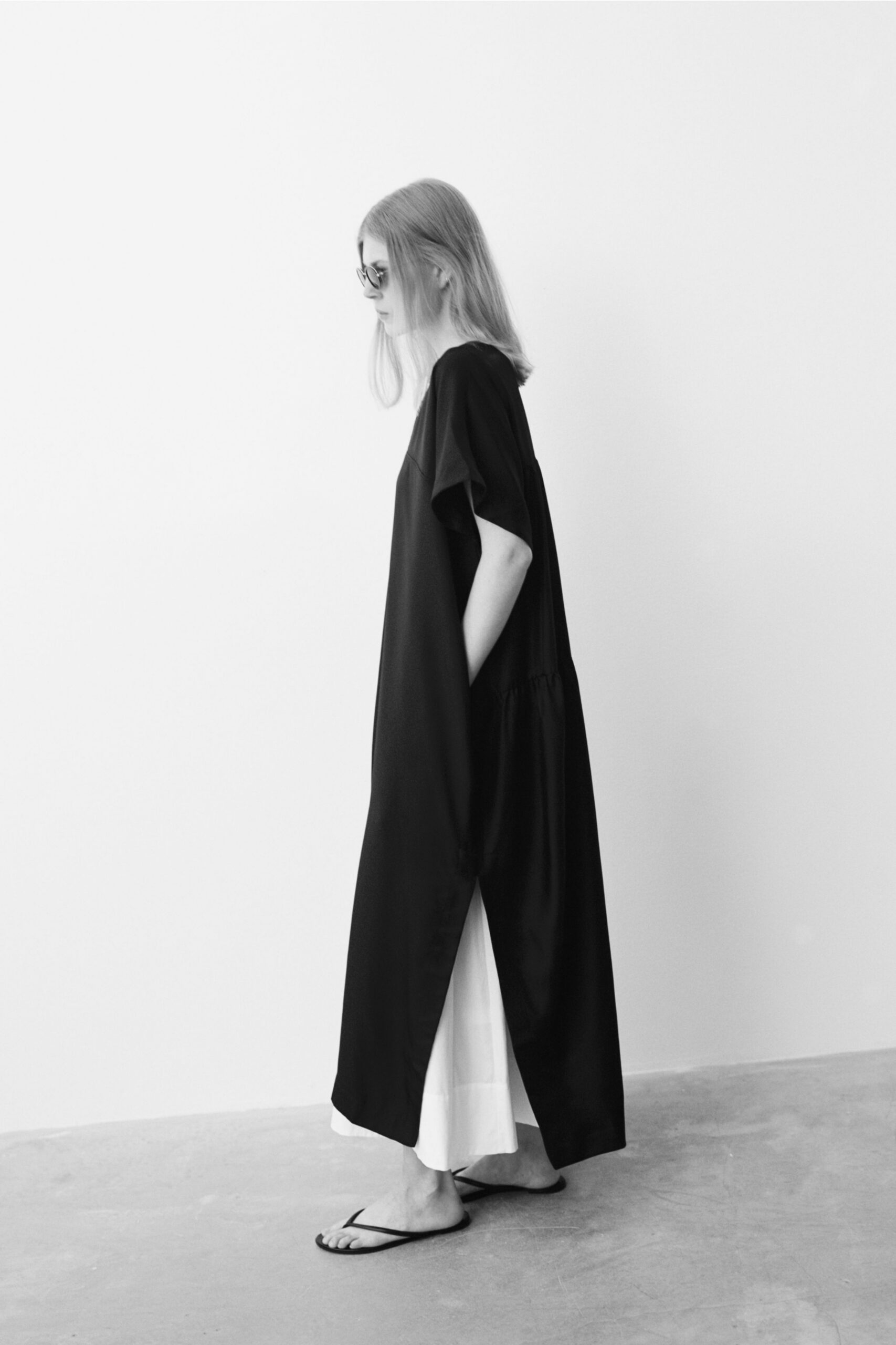 black cotton short-sleeve relaxed layered maxi dress