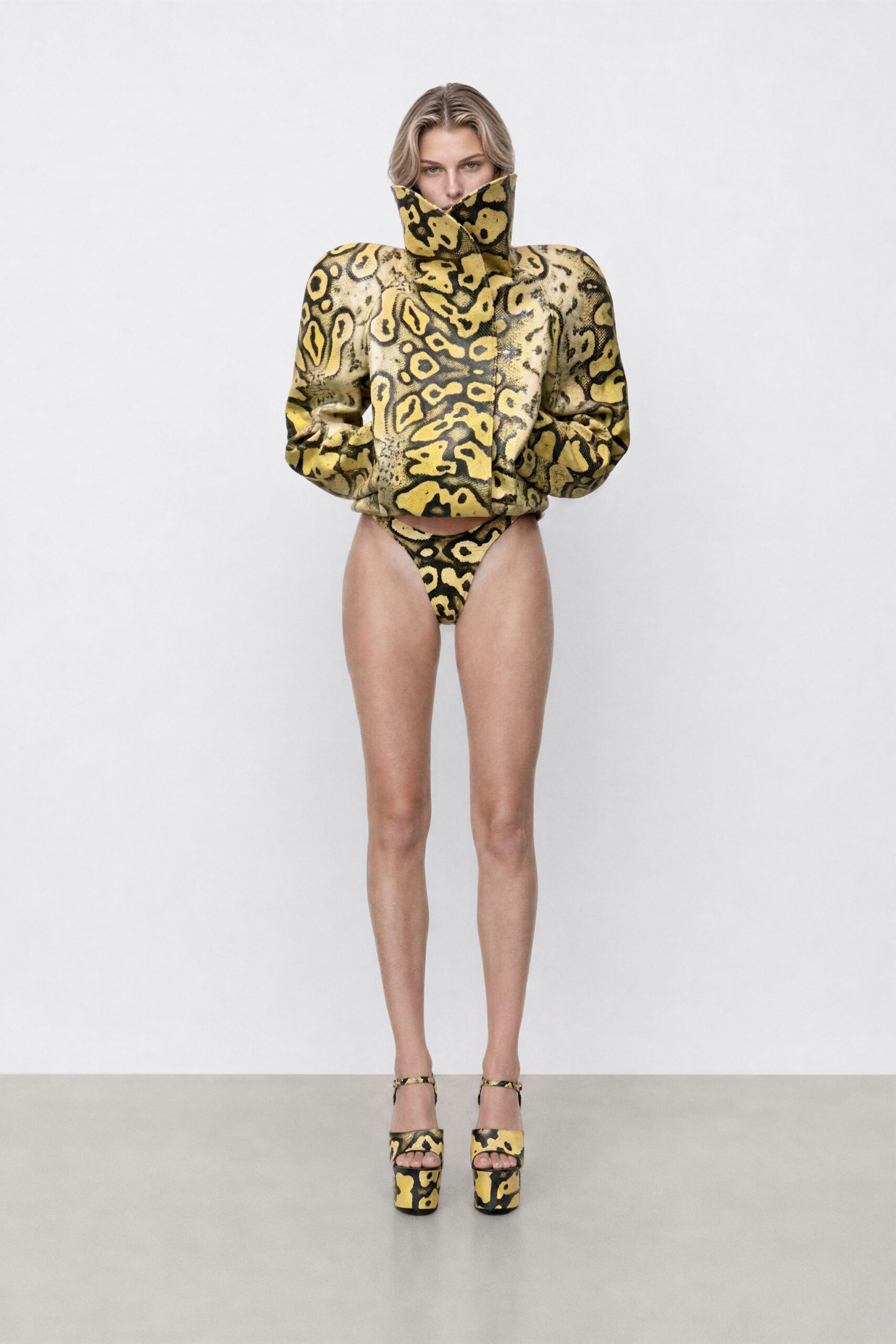 yellow silk sleeveless fitted printed bikini