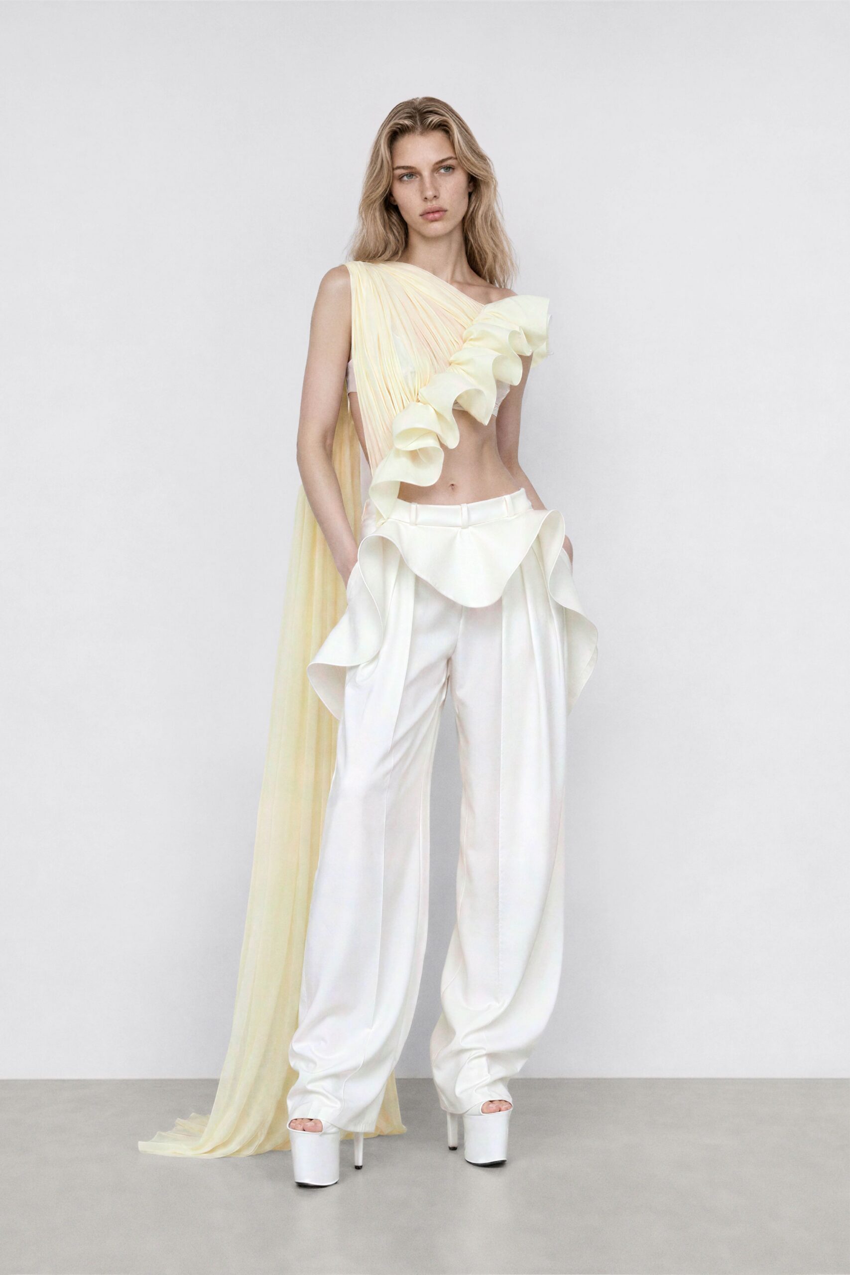 yellow silk sleeveless v-neck fitted ruffled draped top