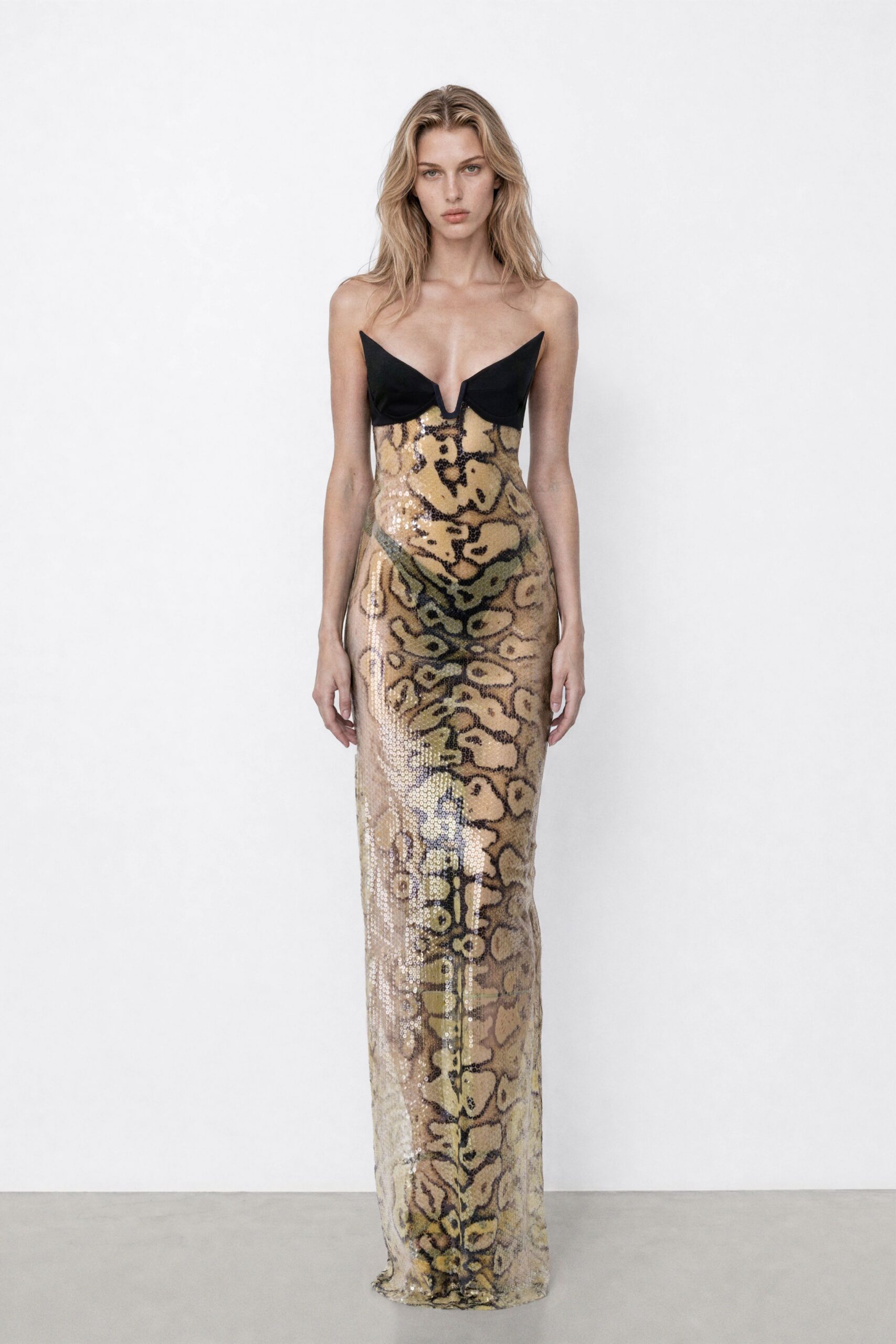 black gold sequined strapless gown