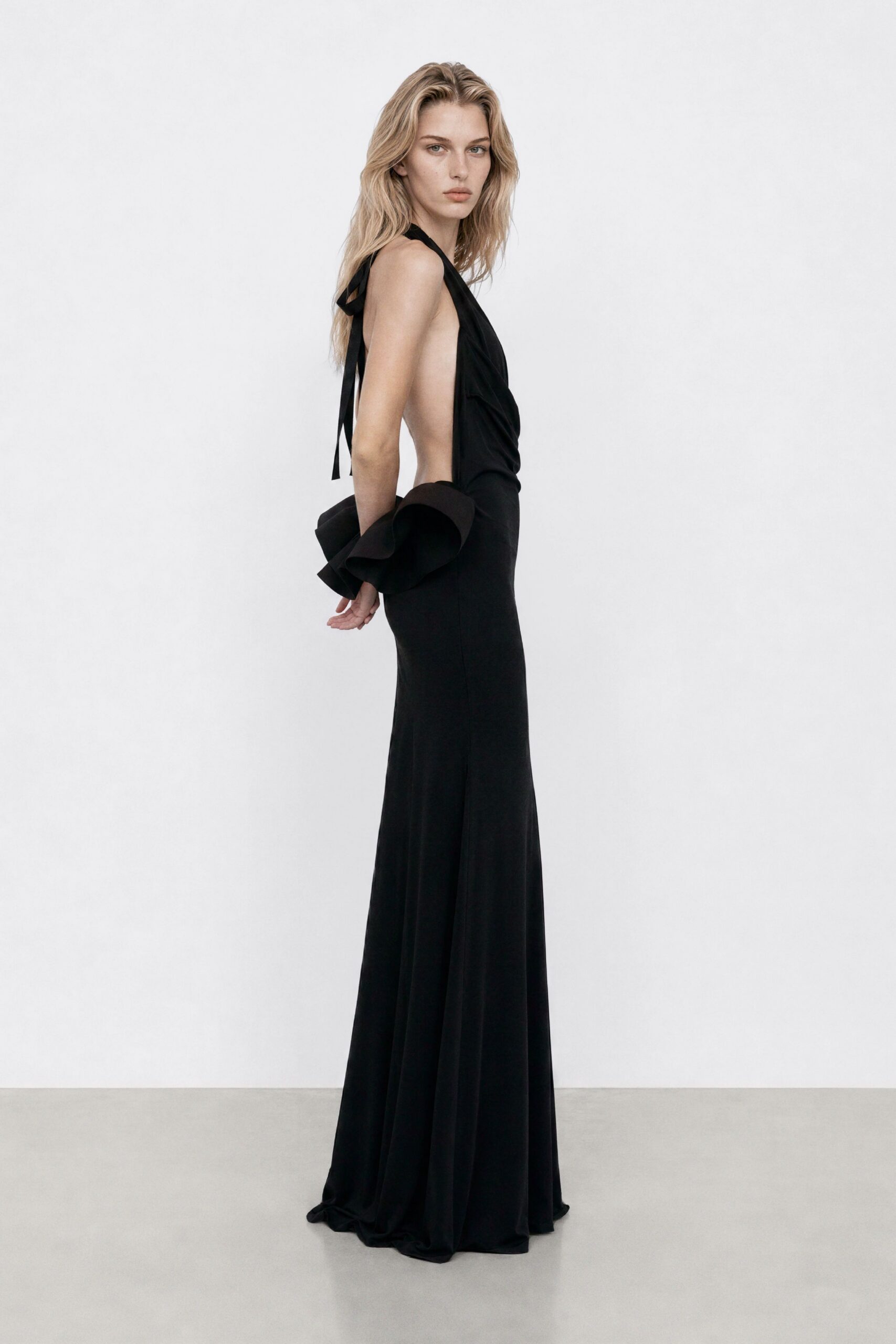 black silk sleeveless gown