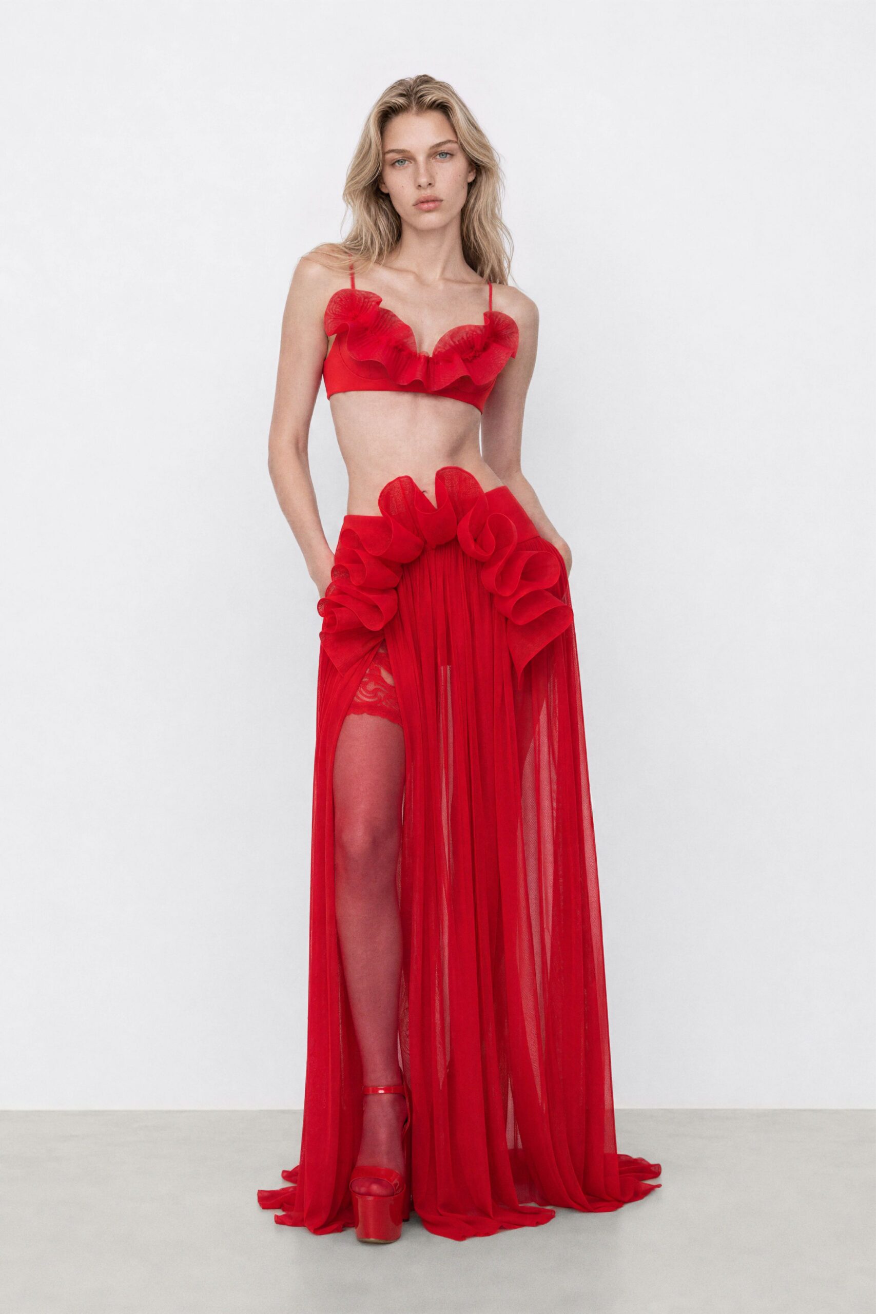 red chiffon sleeveless v-neck fitted ruffled top