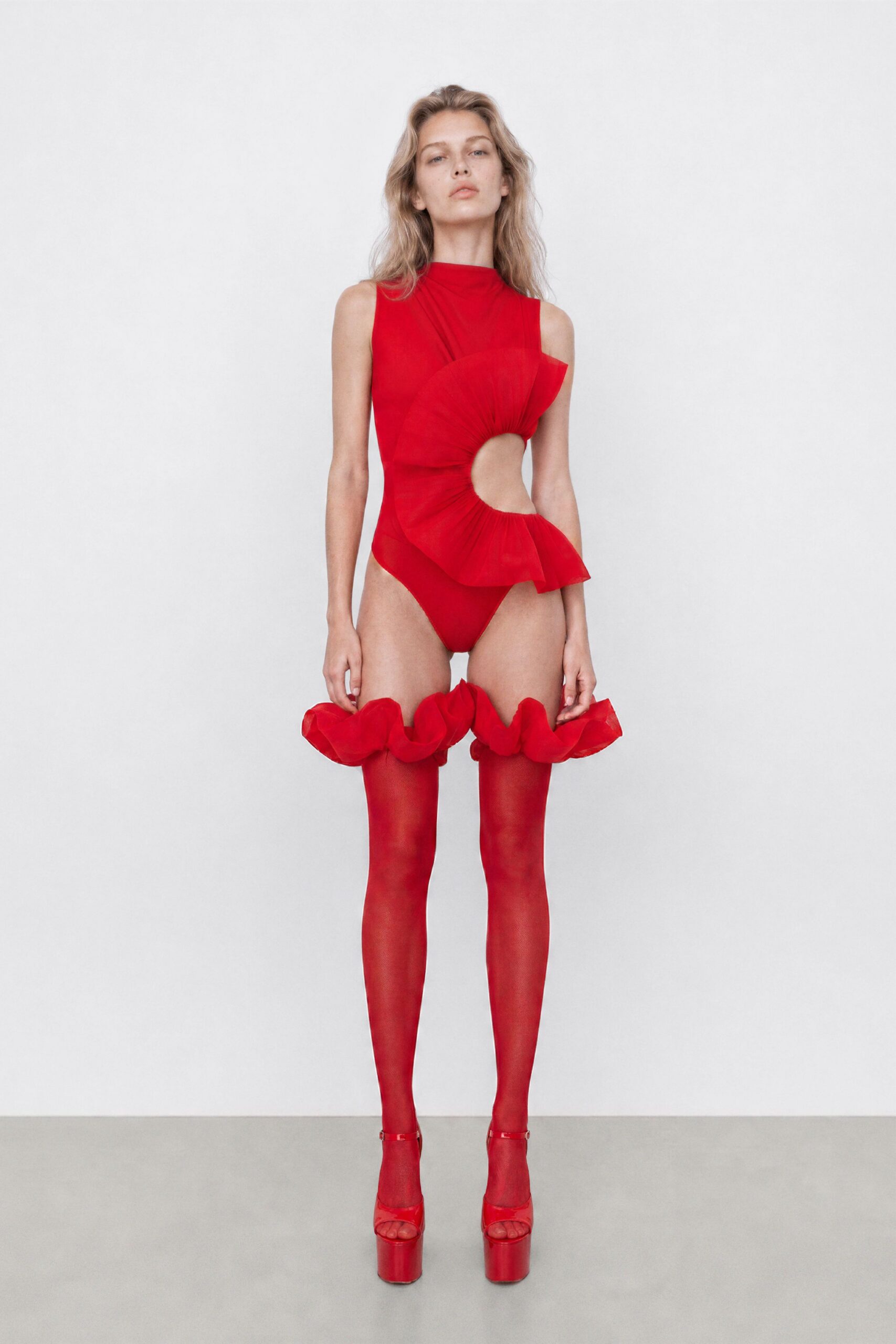 red cotton sleeveless high-neck fitted ruffled bodysuit