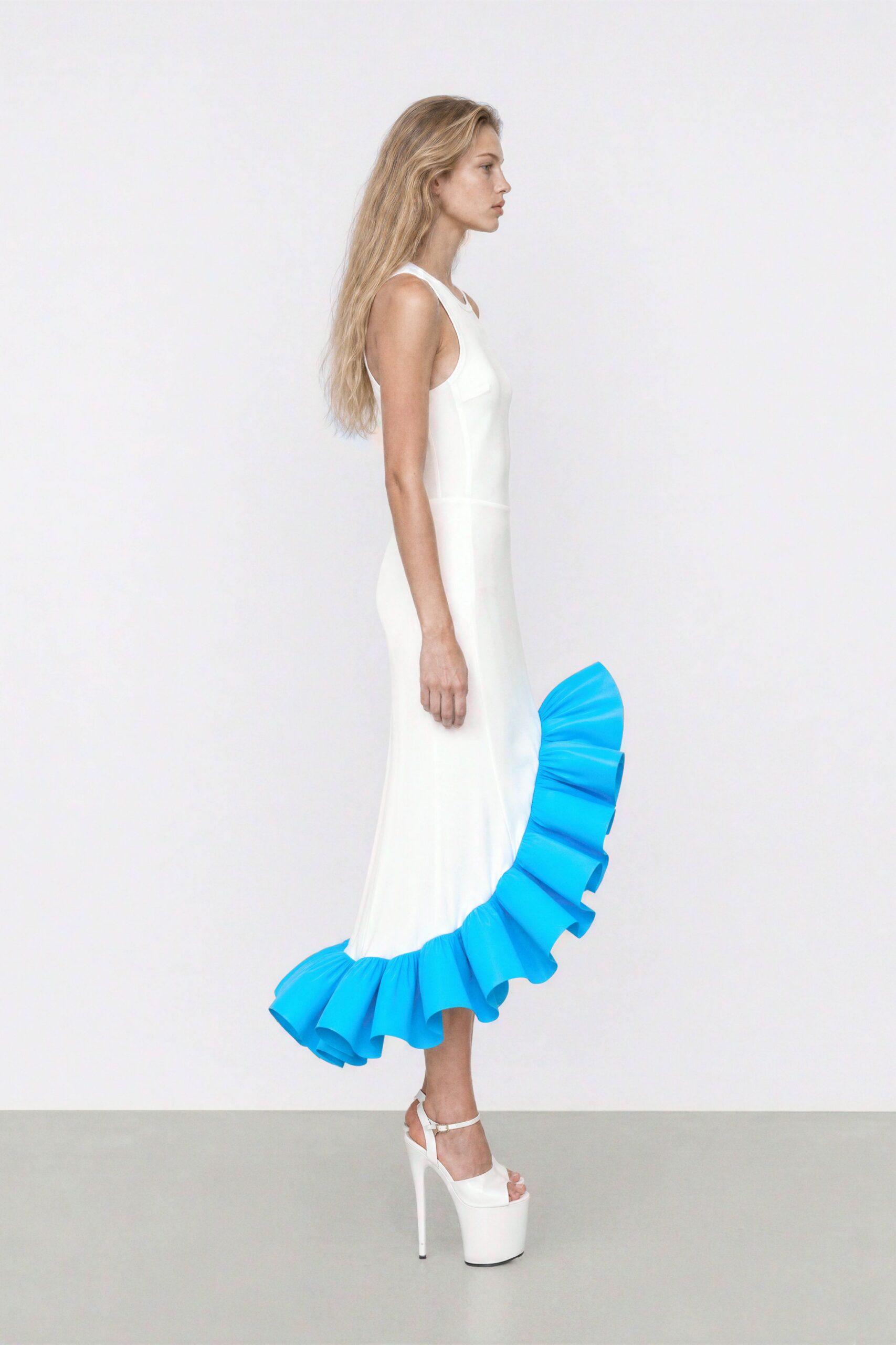 white cotton sleeveless v-neck fitted ruffled midi dress