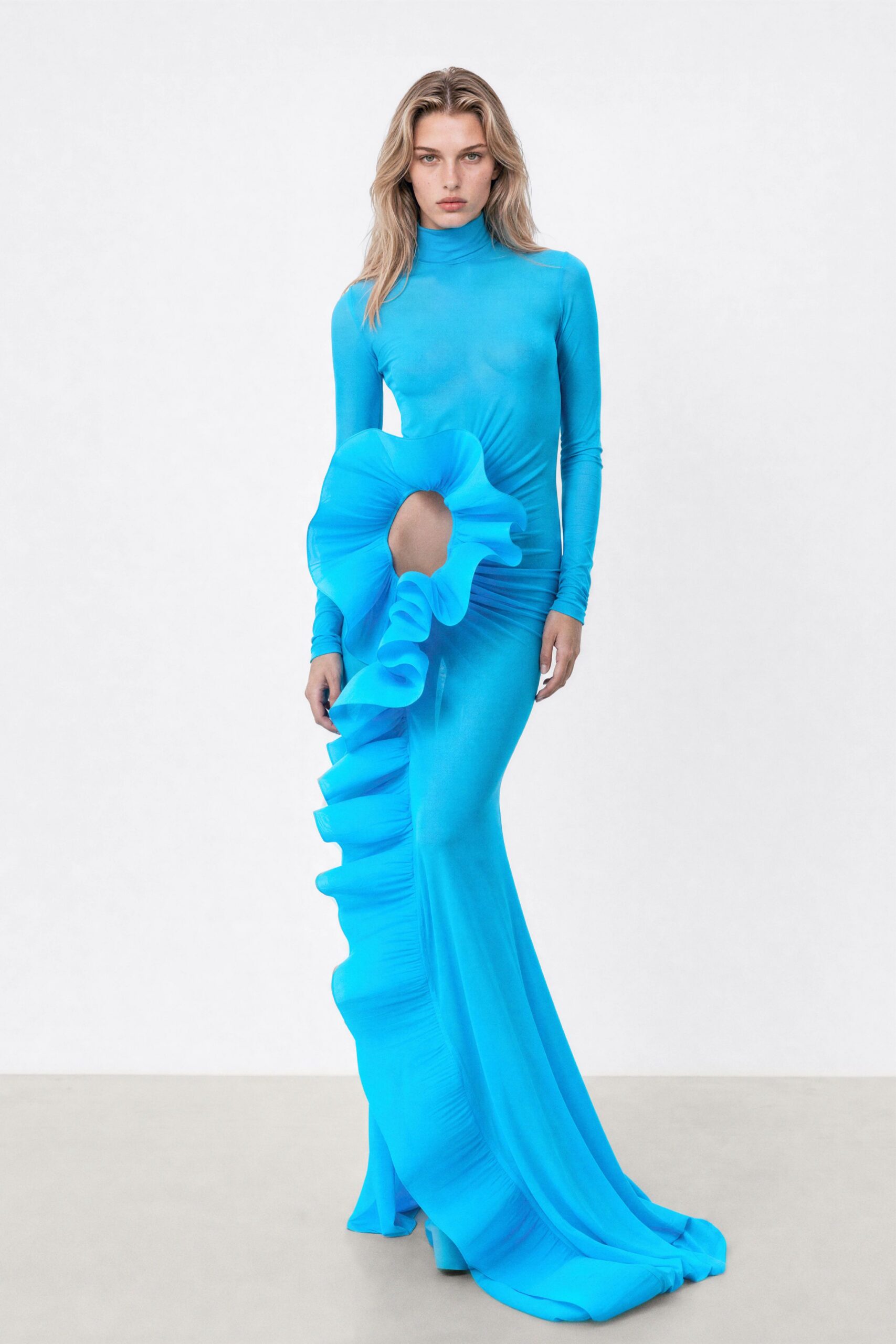 blue silk fitted gown