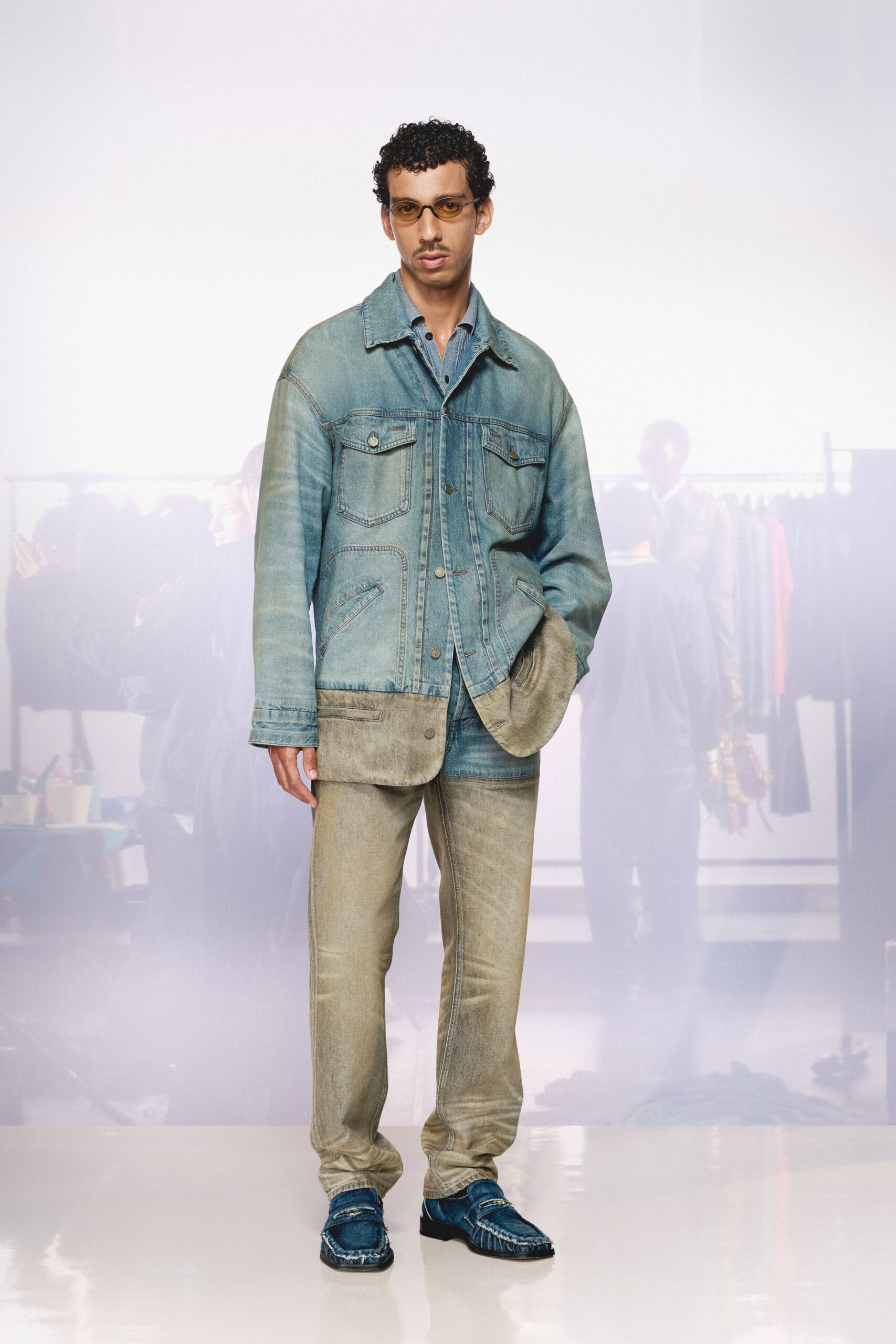 blue denim long-sleeve collared oversized buttoned pockets jacket
