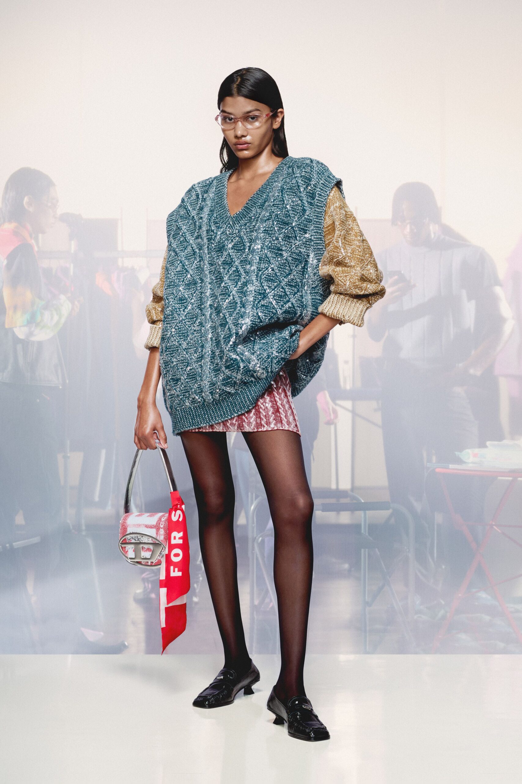 blue cotton v-neck long-sleeve oversized sweater
