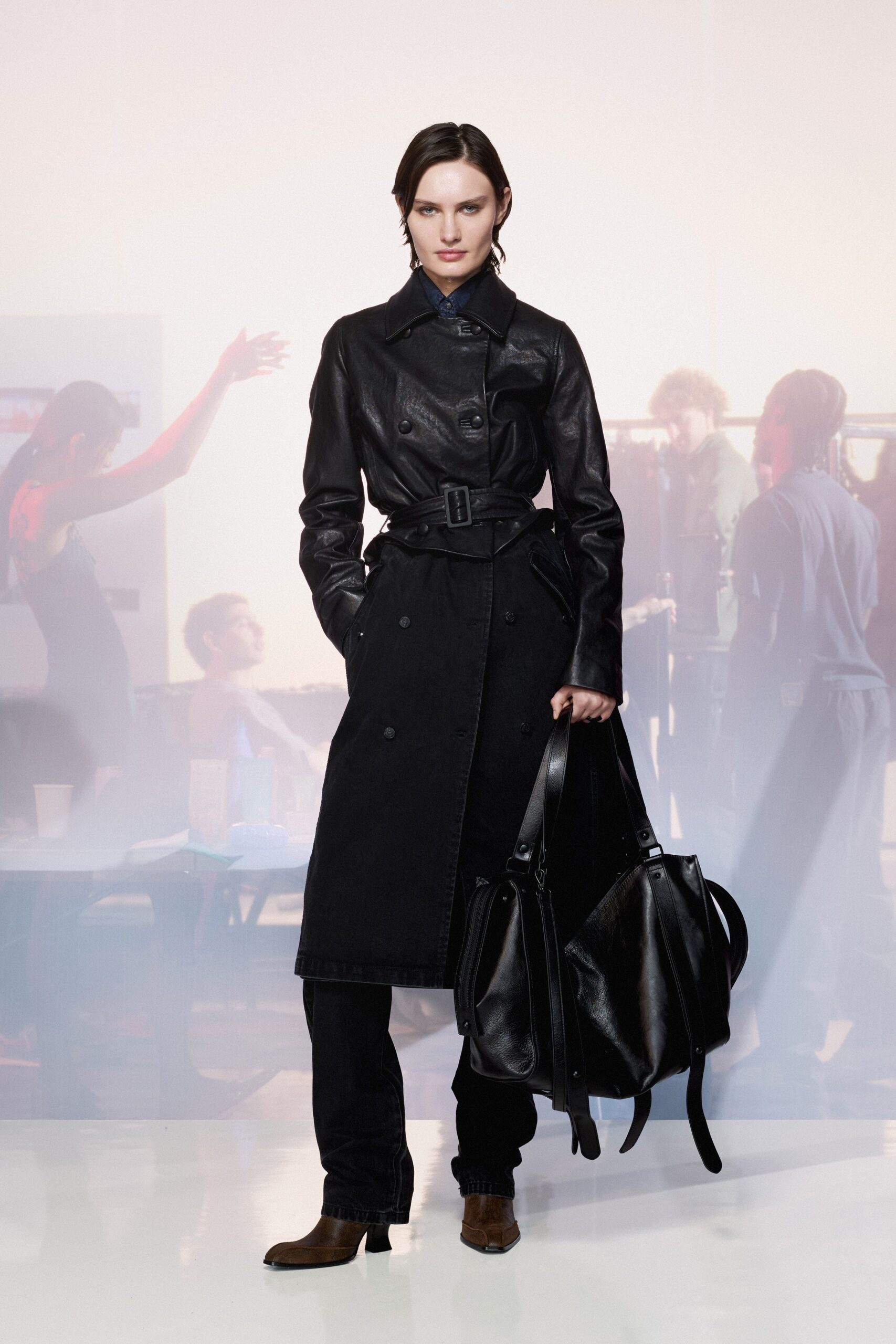 black leather long-sleeve collared fitted belted trench