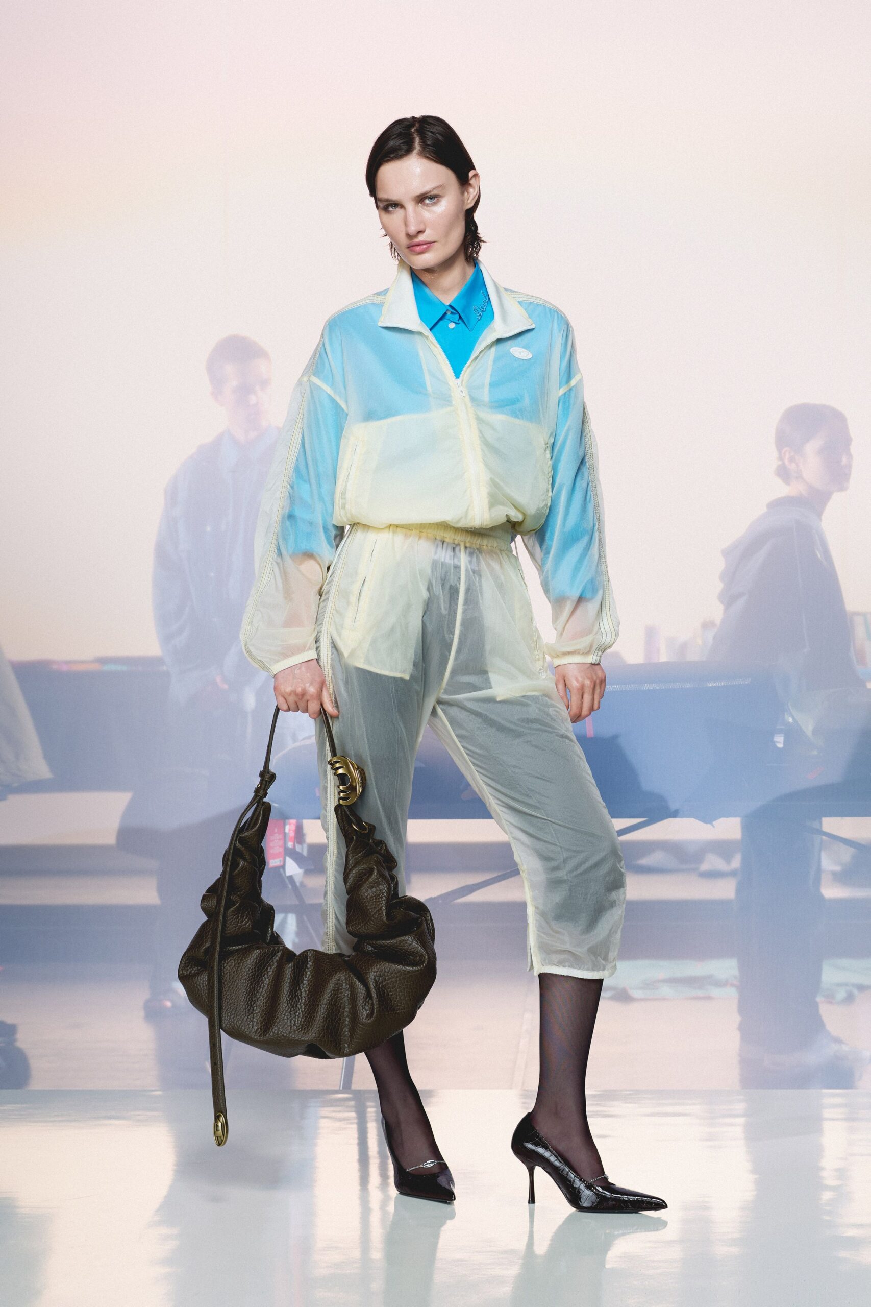 blue vinyl long-sleeve collared relaxed zippered sheer jacket