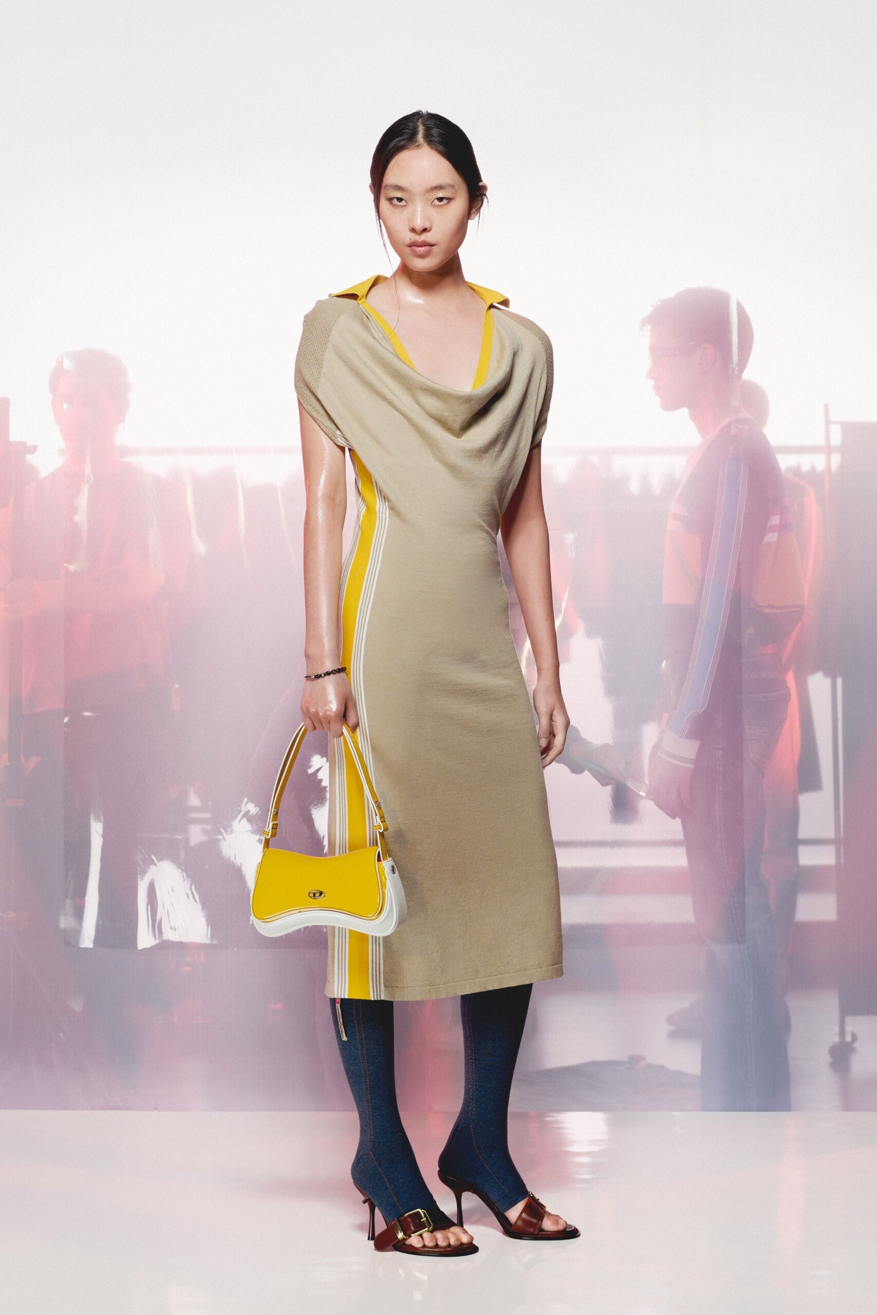 beige cotton sleeveless v-neck fitted striped midi dress