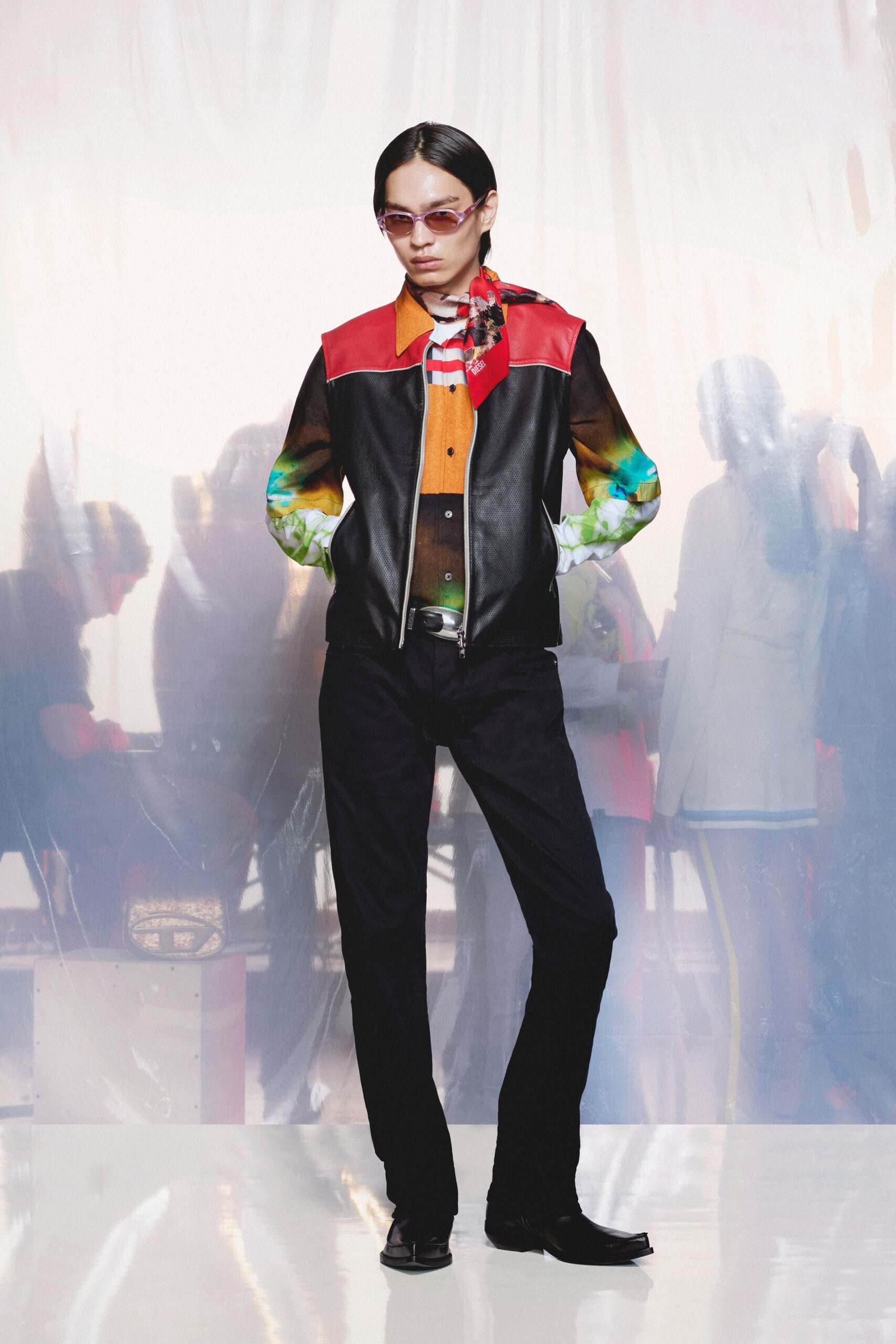 black denim slim straight-leg pants