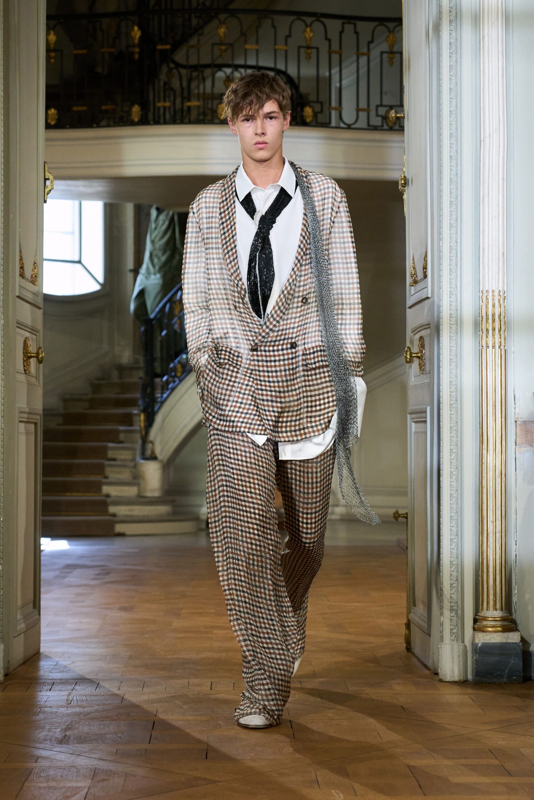 brown checked tailored suit