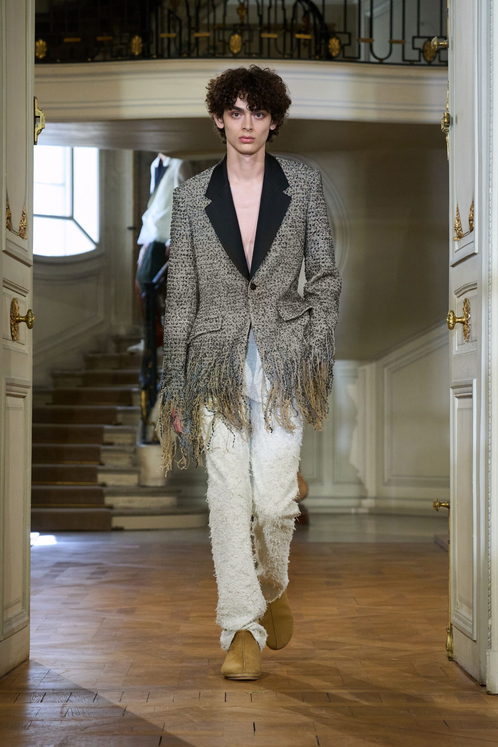 beige tweed blazer with fringe