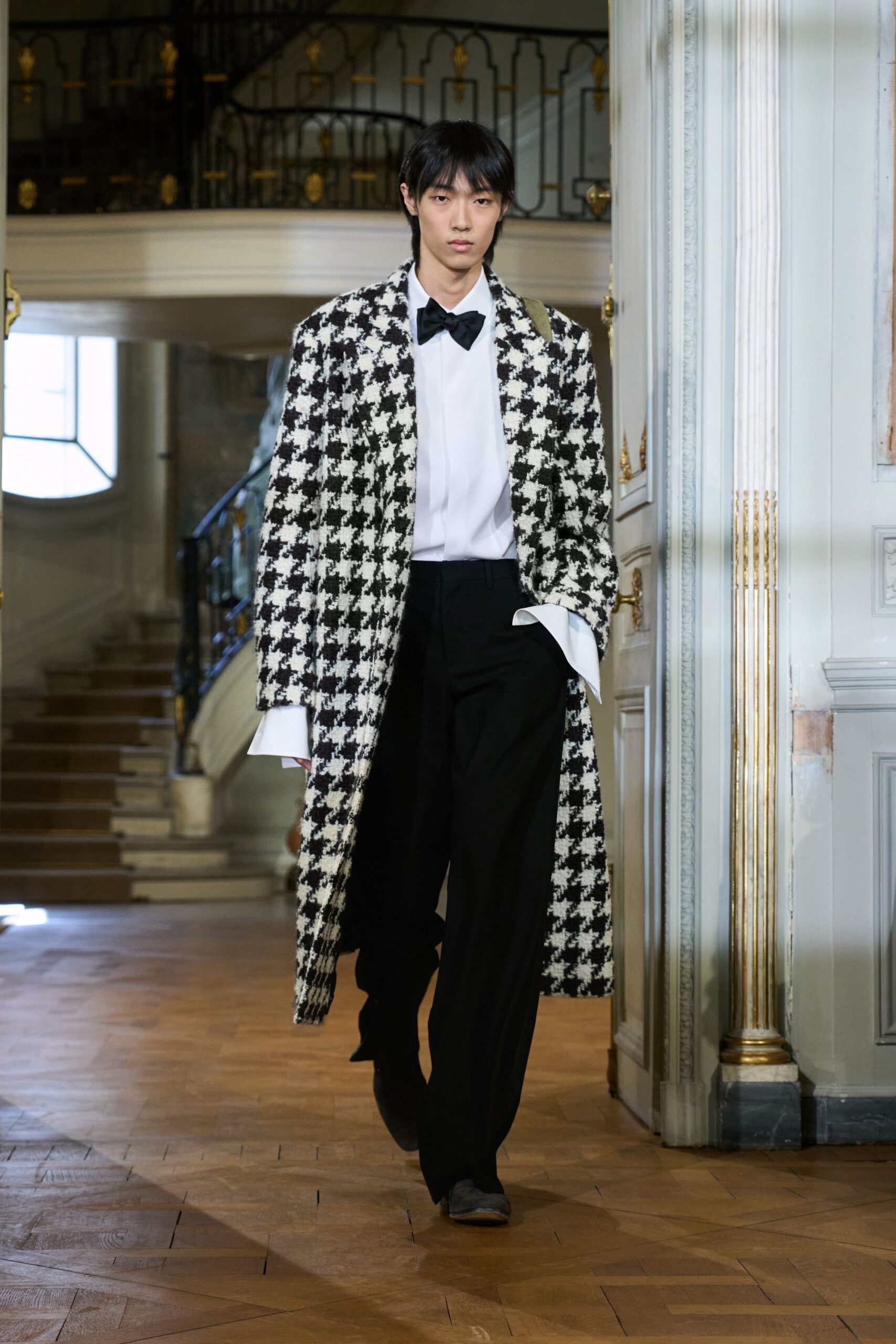 black and white checked coat