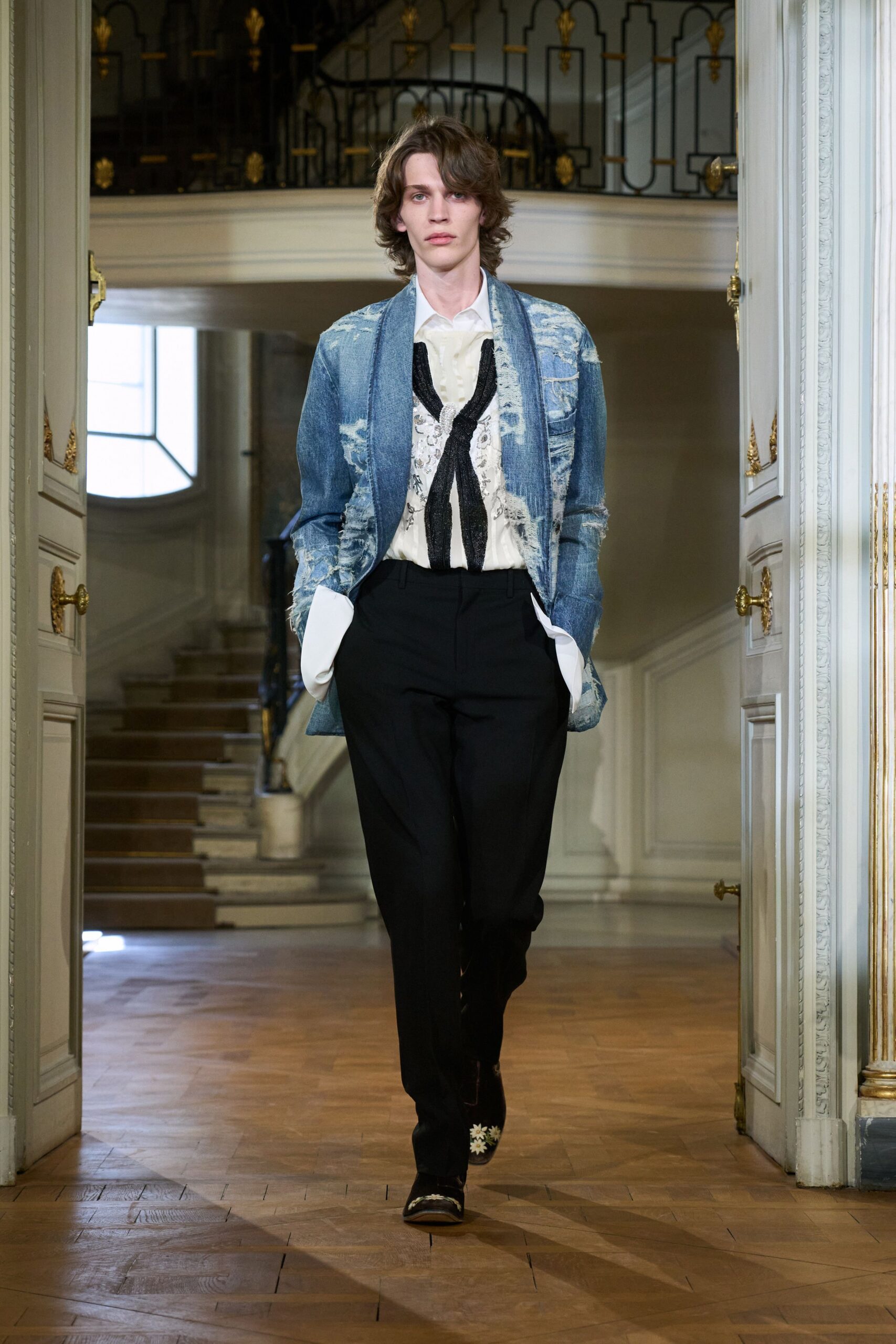 white cotton long-sleeve collared fitted ruffled shirt