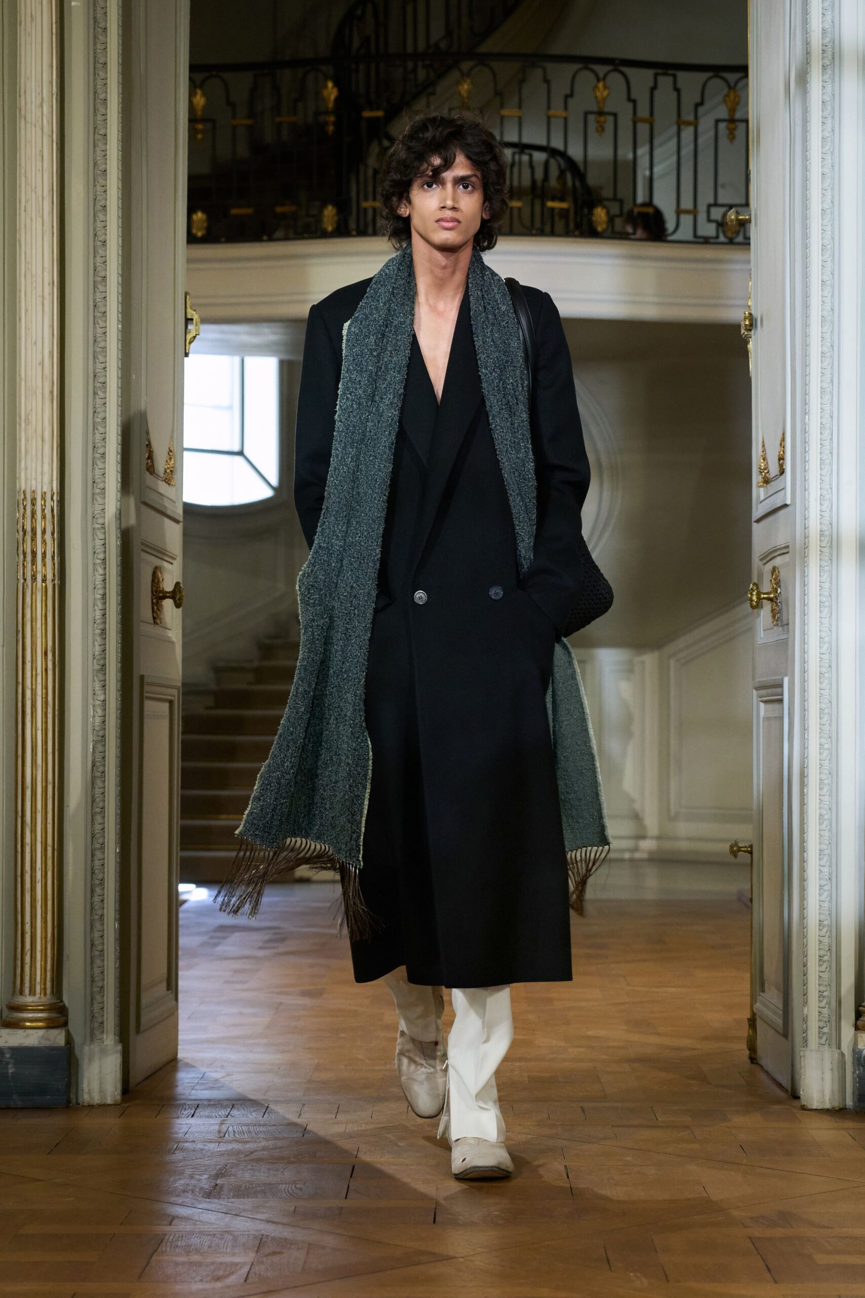 black wool long-sleeve v-neck relaxed layered midi coat