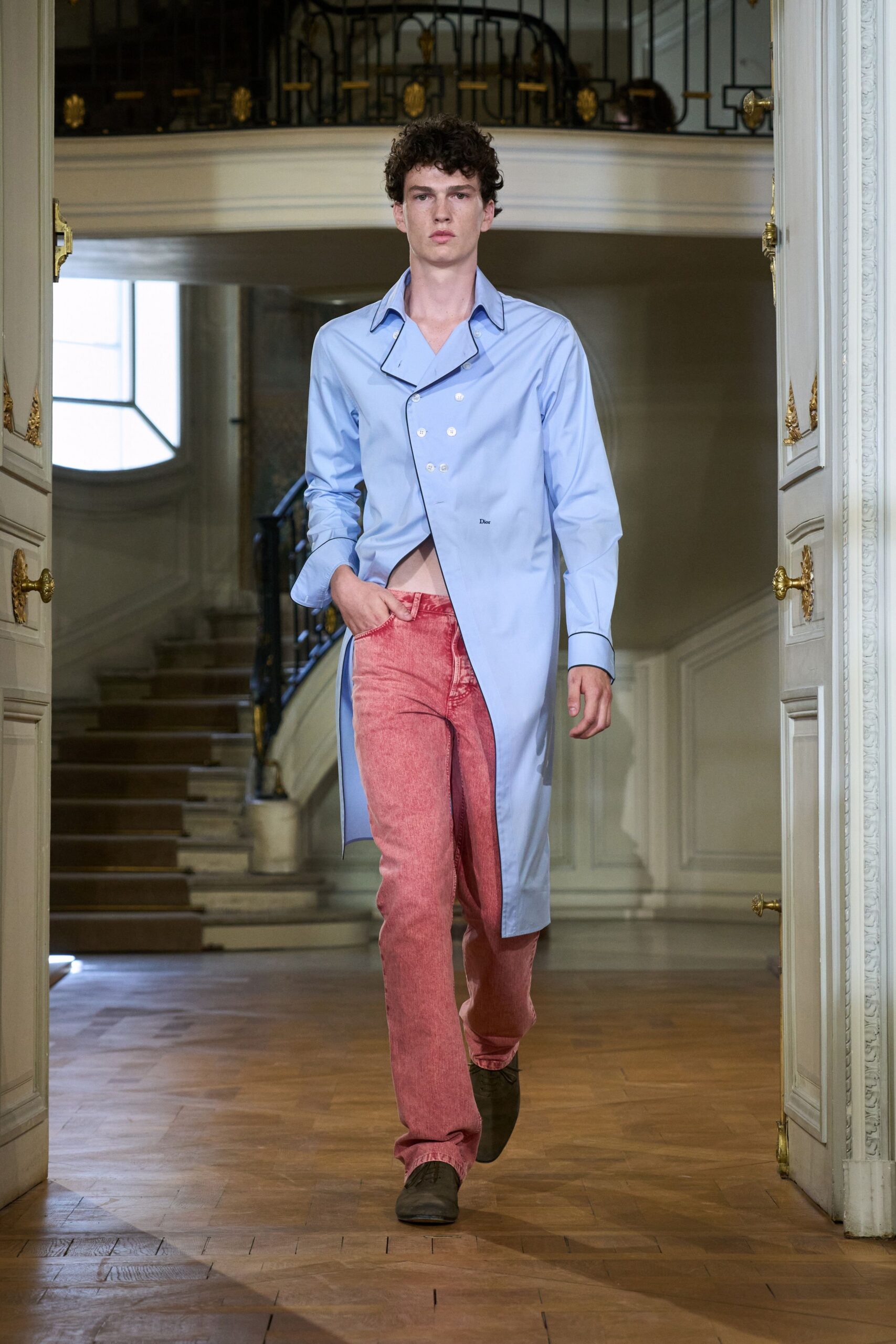 red cotton fitted straight-leg pants